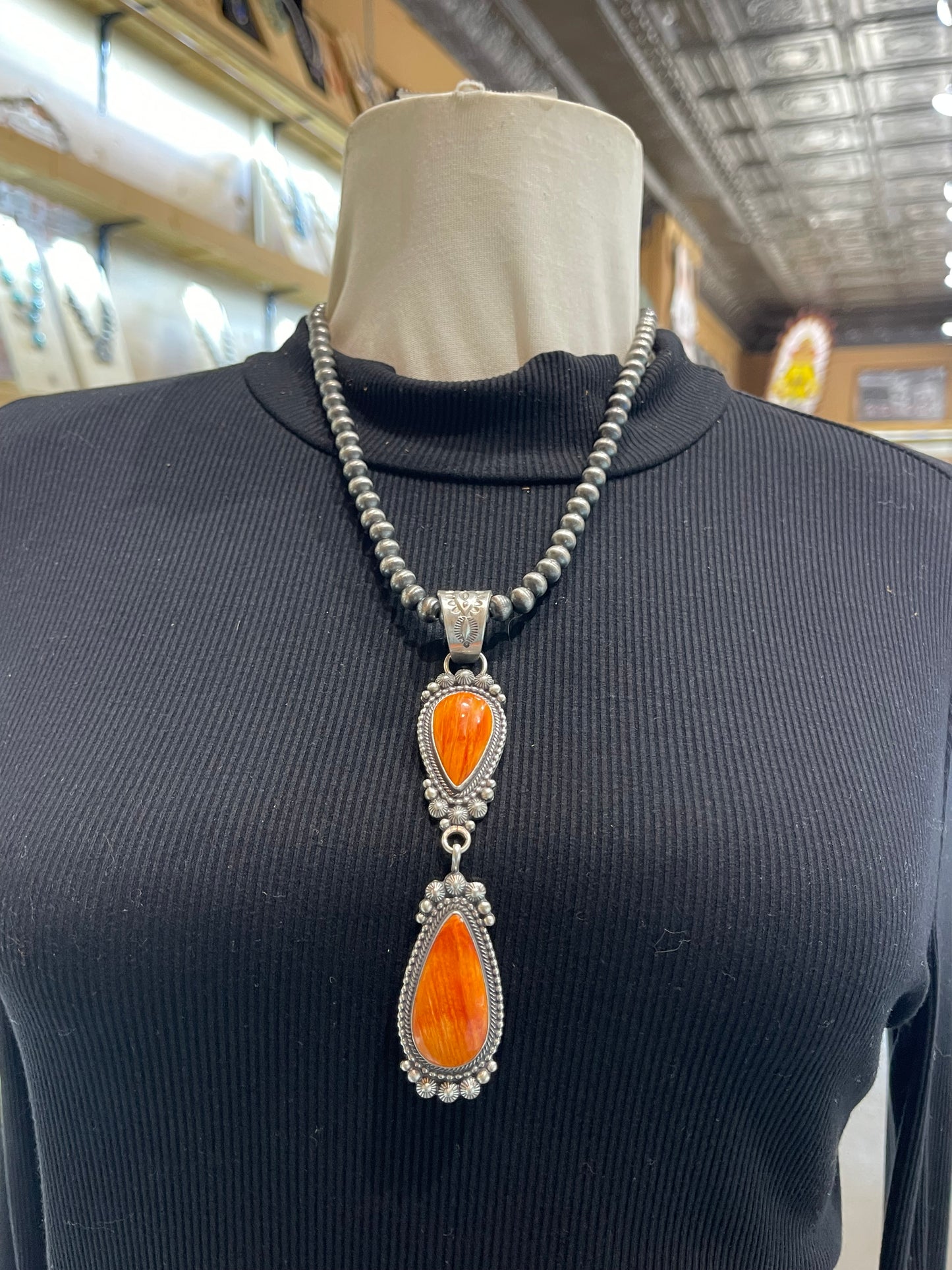 2 Stone Orange Spiny Oyster Pendant on 20" 7mm Navajo Style Pearls by Tom Lewis, Navajo