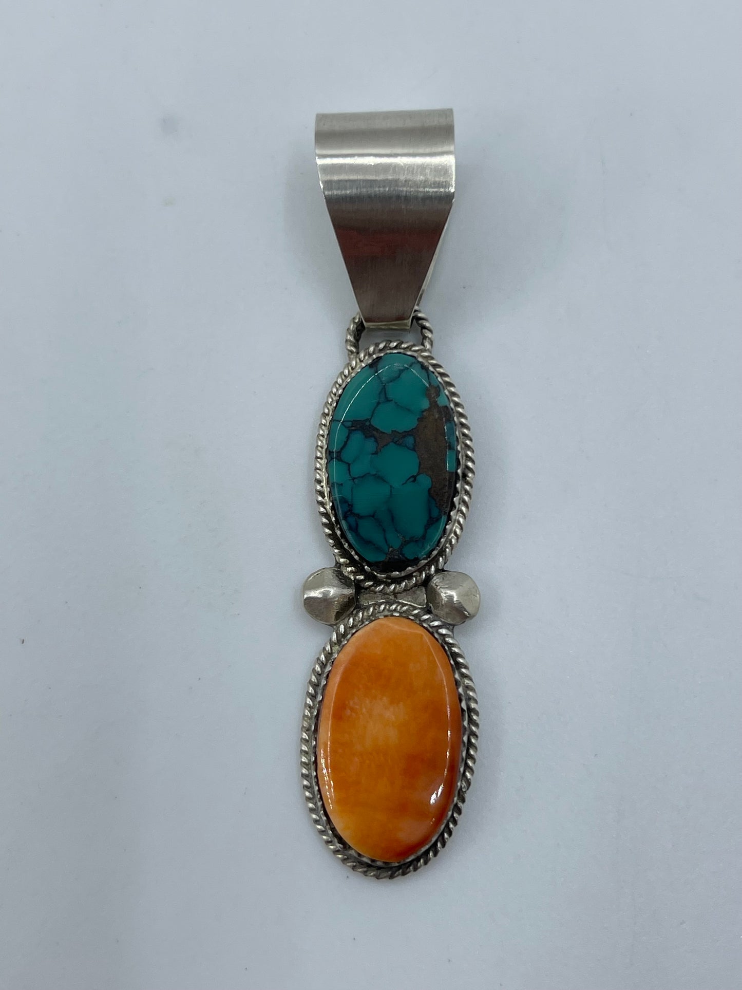 Orange Spiny Oyster & Turquoise 2 Stone Pendant by Selina Warner, Navajo