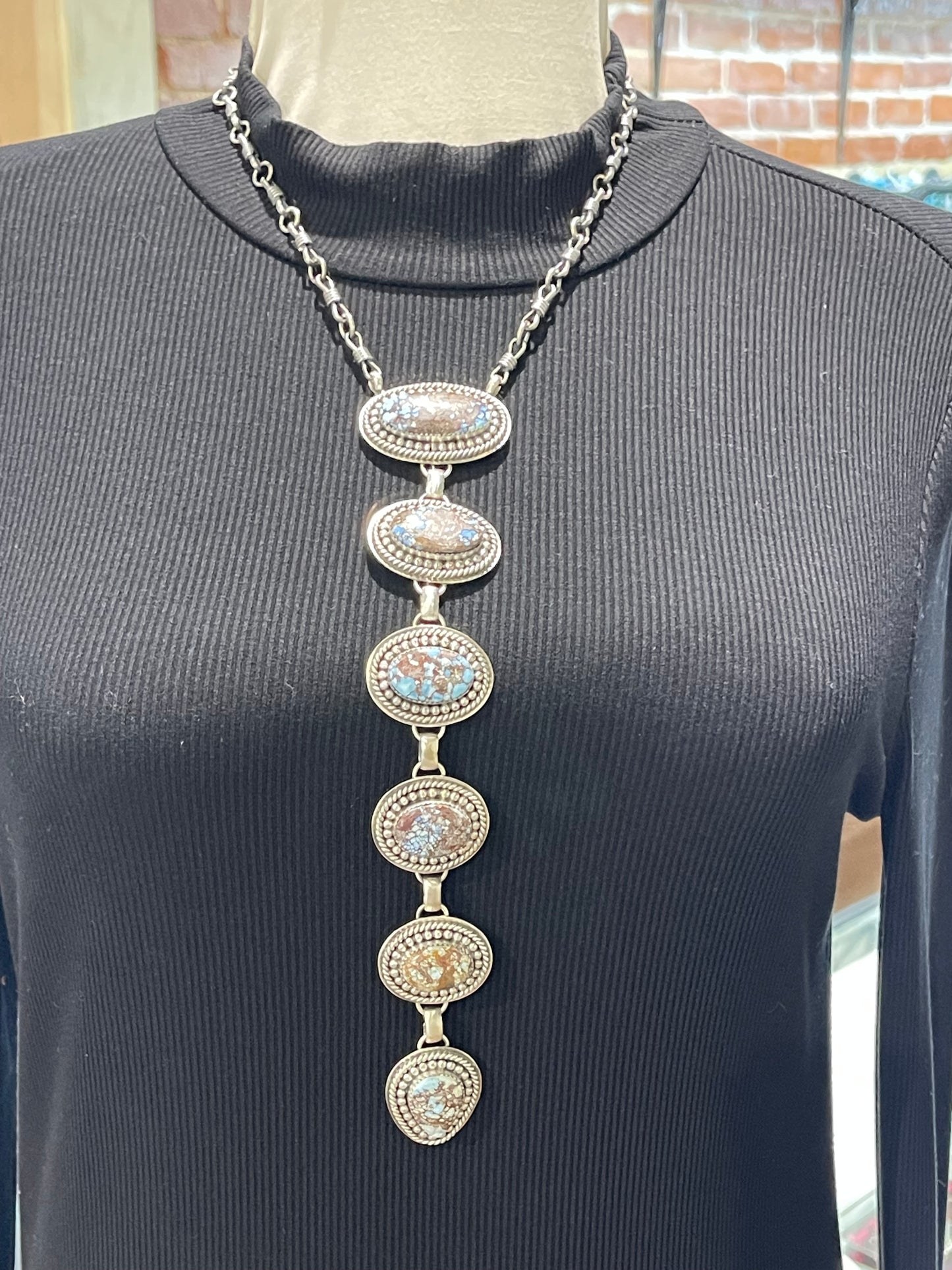 17" + 8" Drop Golden Hills Turquoise 6 Stone Drop Lariat with Rein Chain