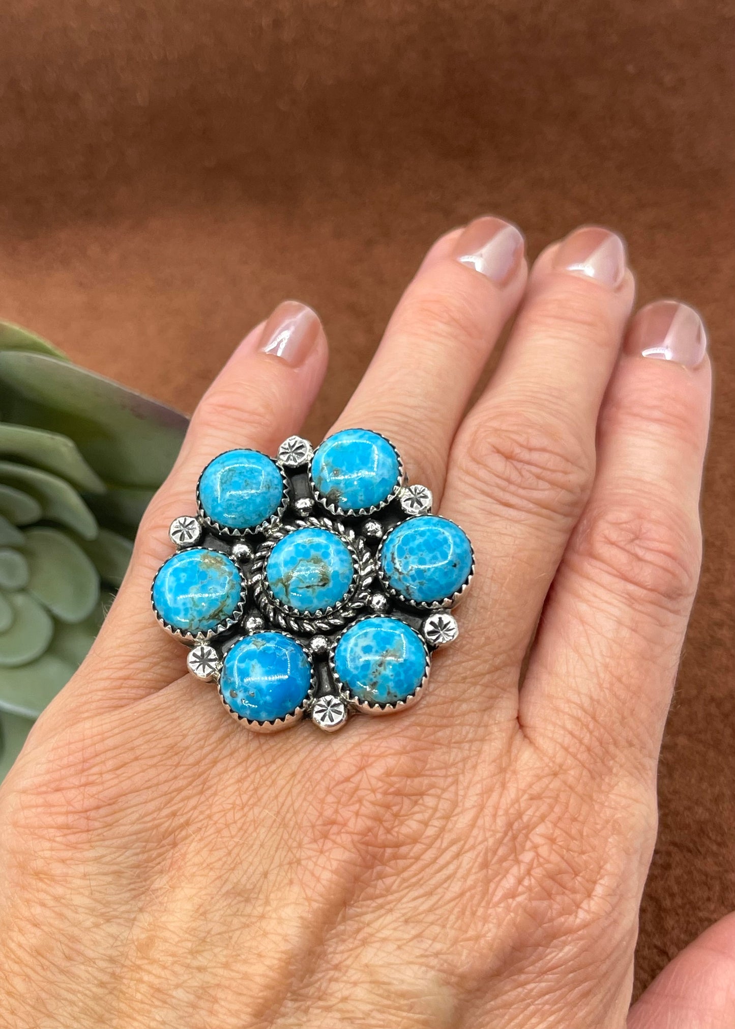 6.0 7 Stone Turquoise Cluster Ring by Charlene Yazzie, Navajo