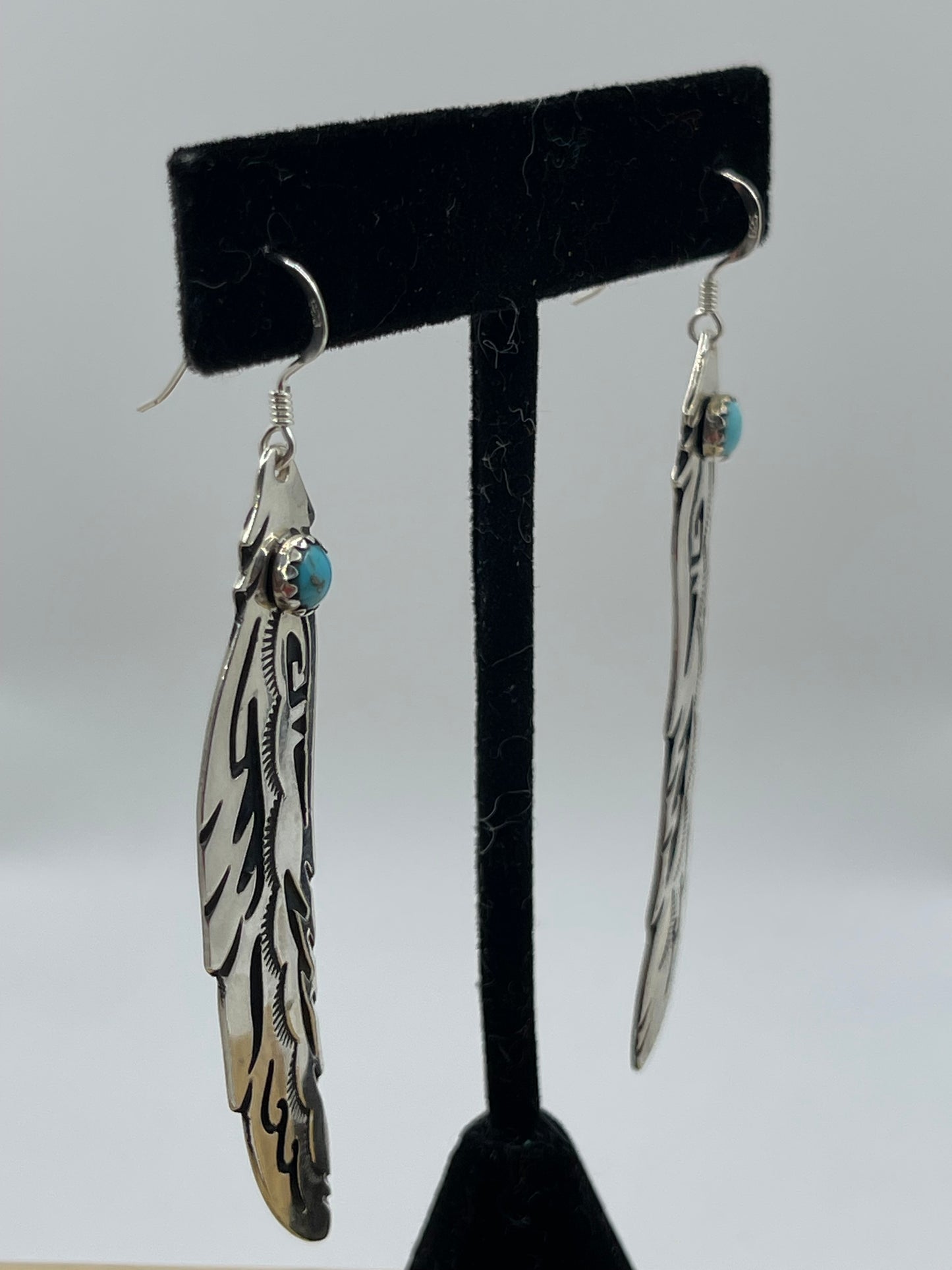 3" Turquoise Silver Overlay Feather Dangle Earrings by Tommy and Rose Singer, Navajo