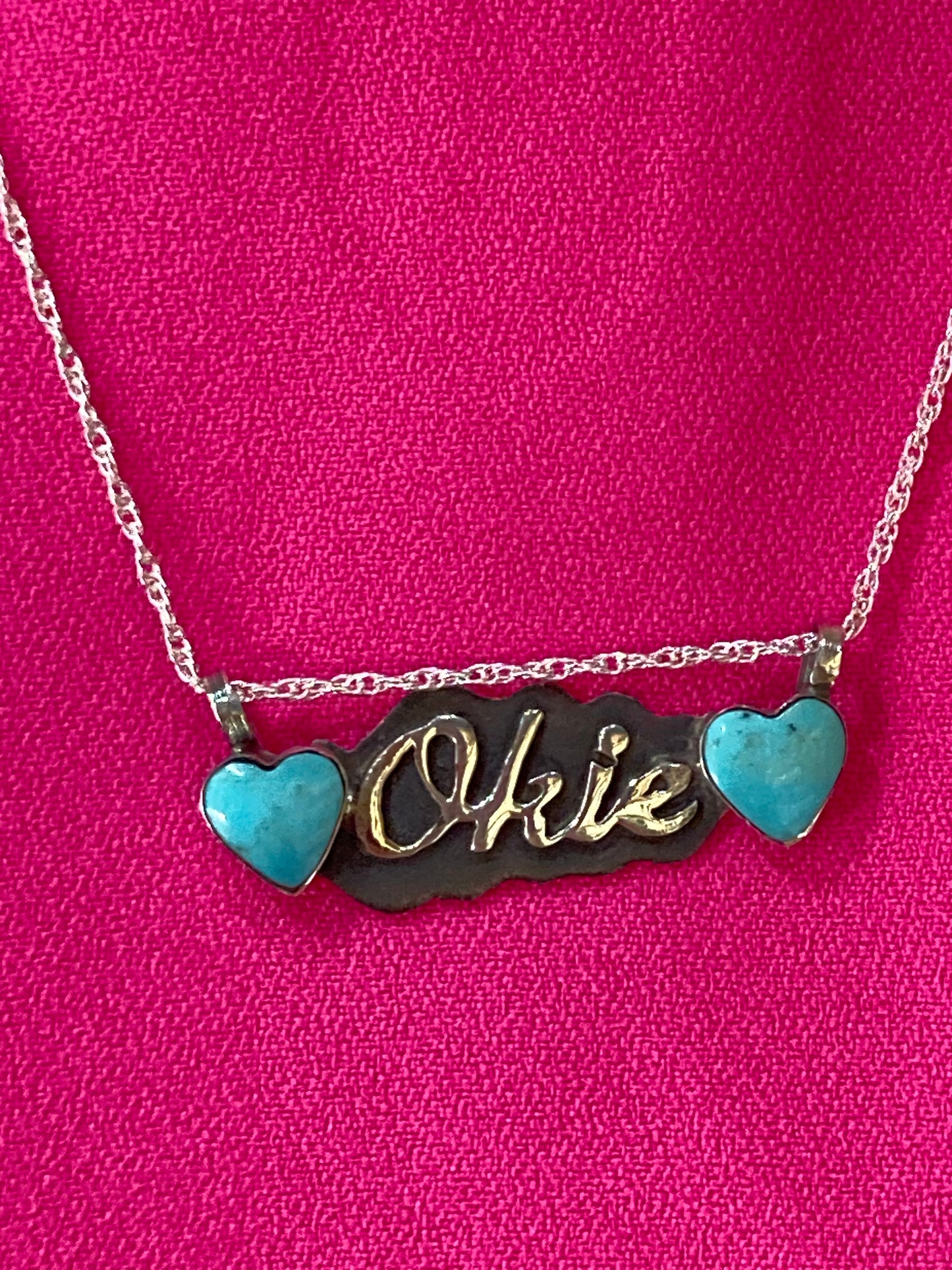 16" Turquoise Heart "OKIE" Necklace by Myra Benally, Navajo