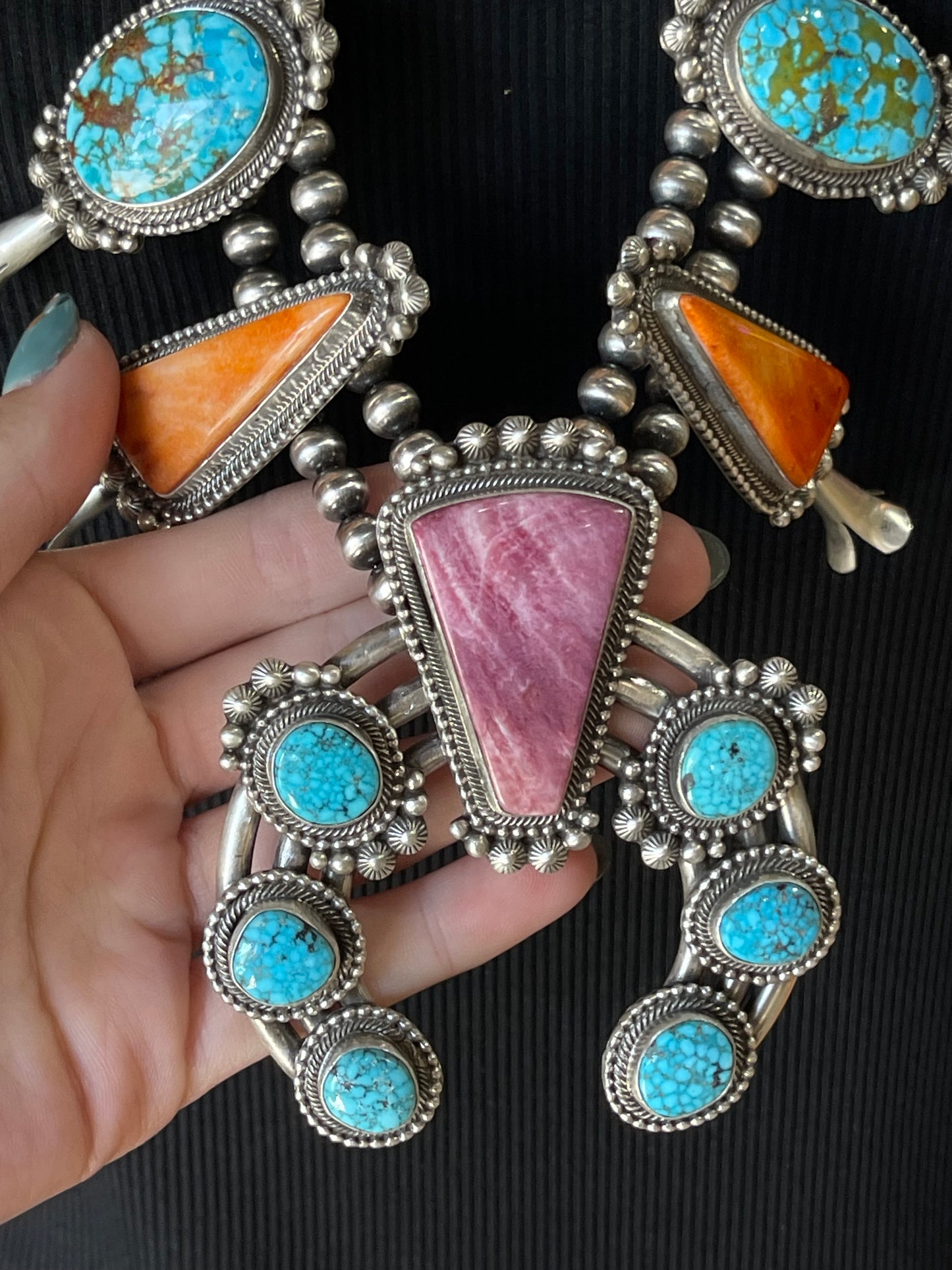 30" High Grade Kingman Turquoise, Orange Spiny, and Purple Spiny Squash Blossom by Tom Lewis, Navajo