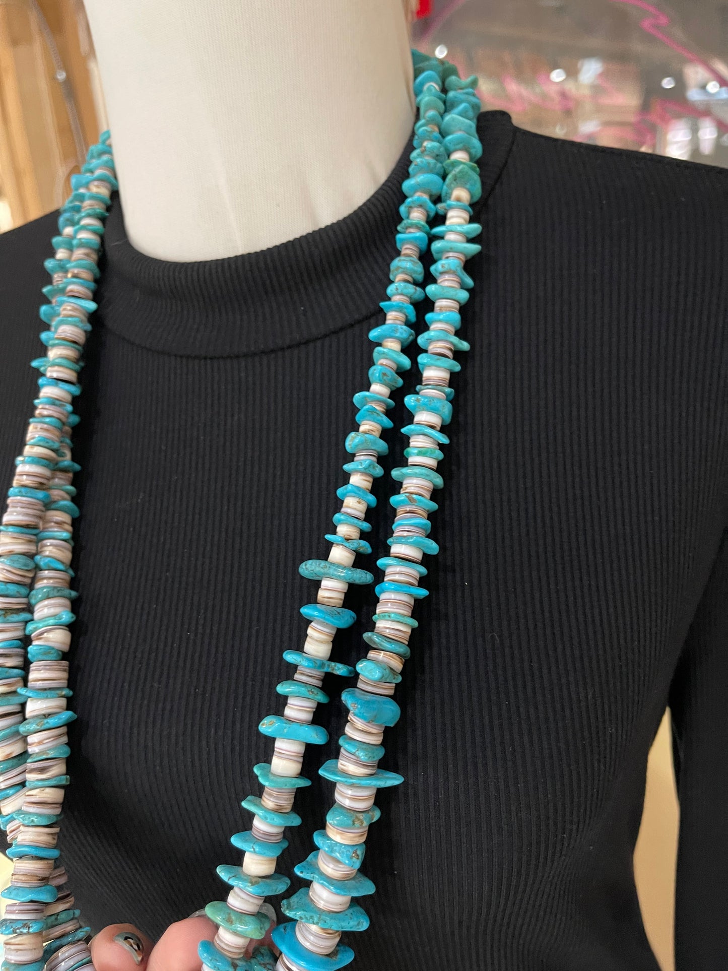 Vintage 30" 2 Strand Turquoise and Wampum Shell Necklace, Santo Domingo
