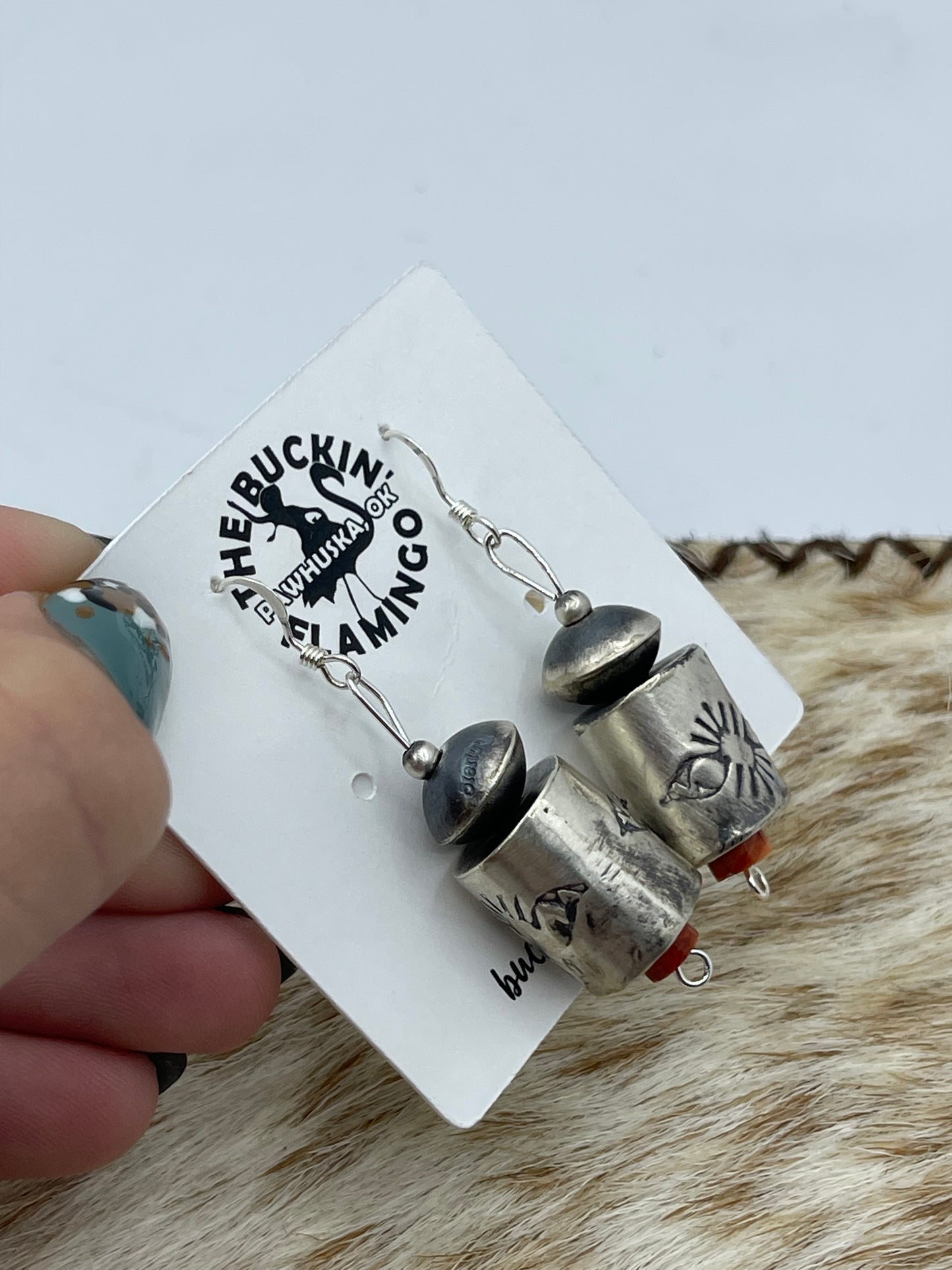 Handmade Red Spiny Barrel Navajo Pearl Beaded Dangle Earrings by Shelby Montoya, Navajo