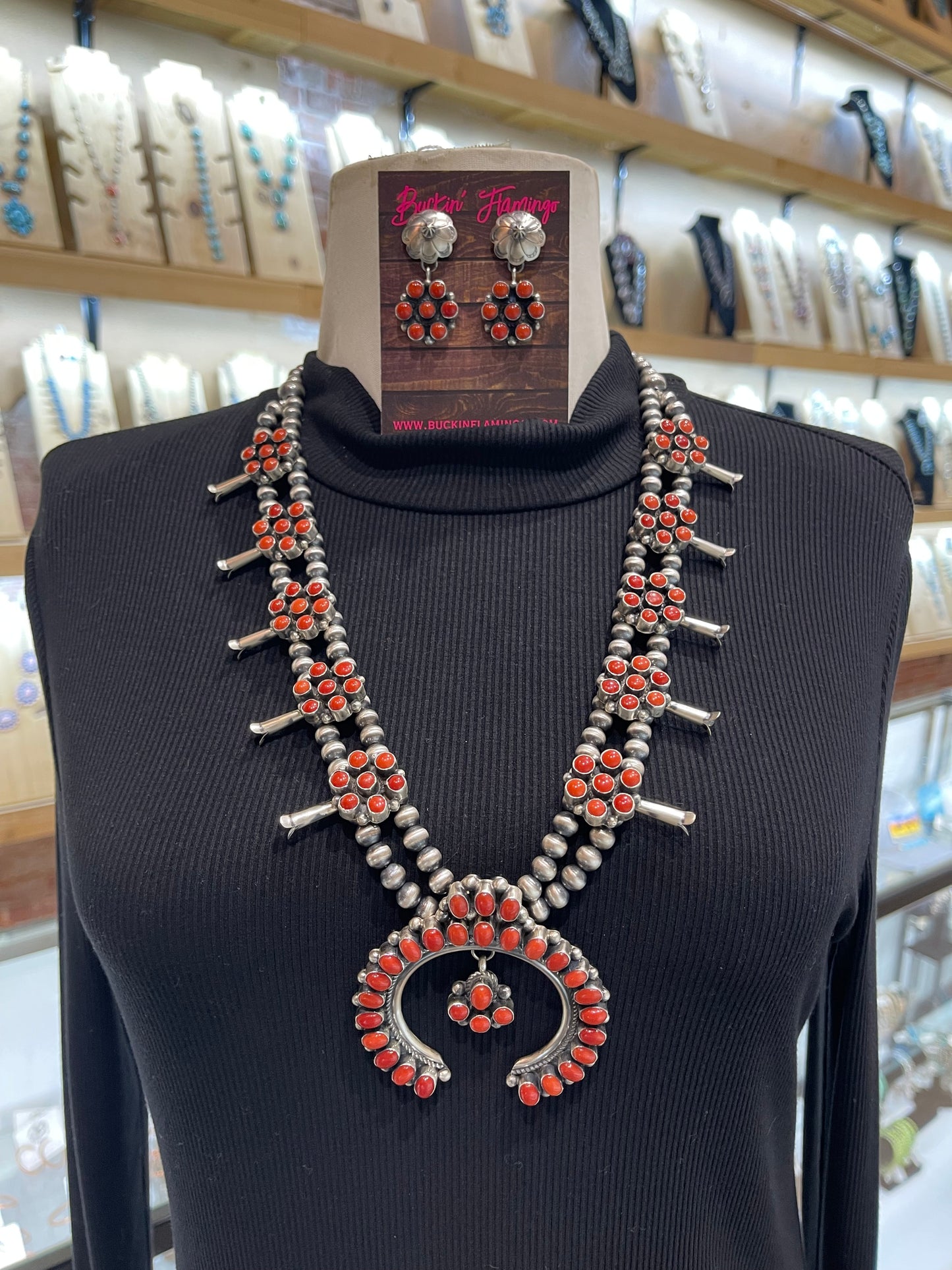 26" Red Coral Squash Blossom Necklace & Earring Set by Kathlyn Yazzie, Navajo