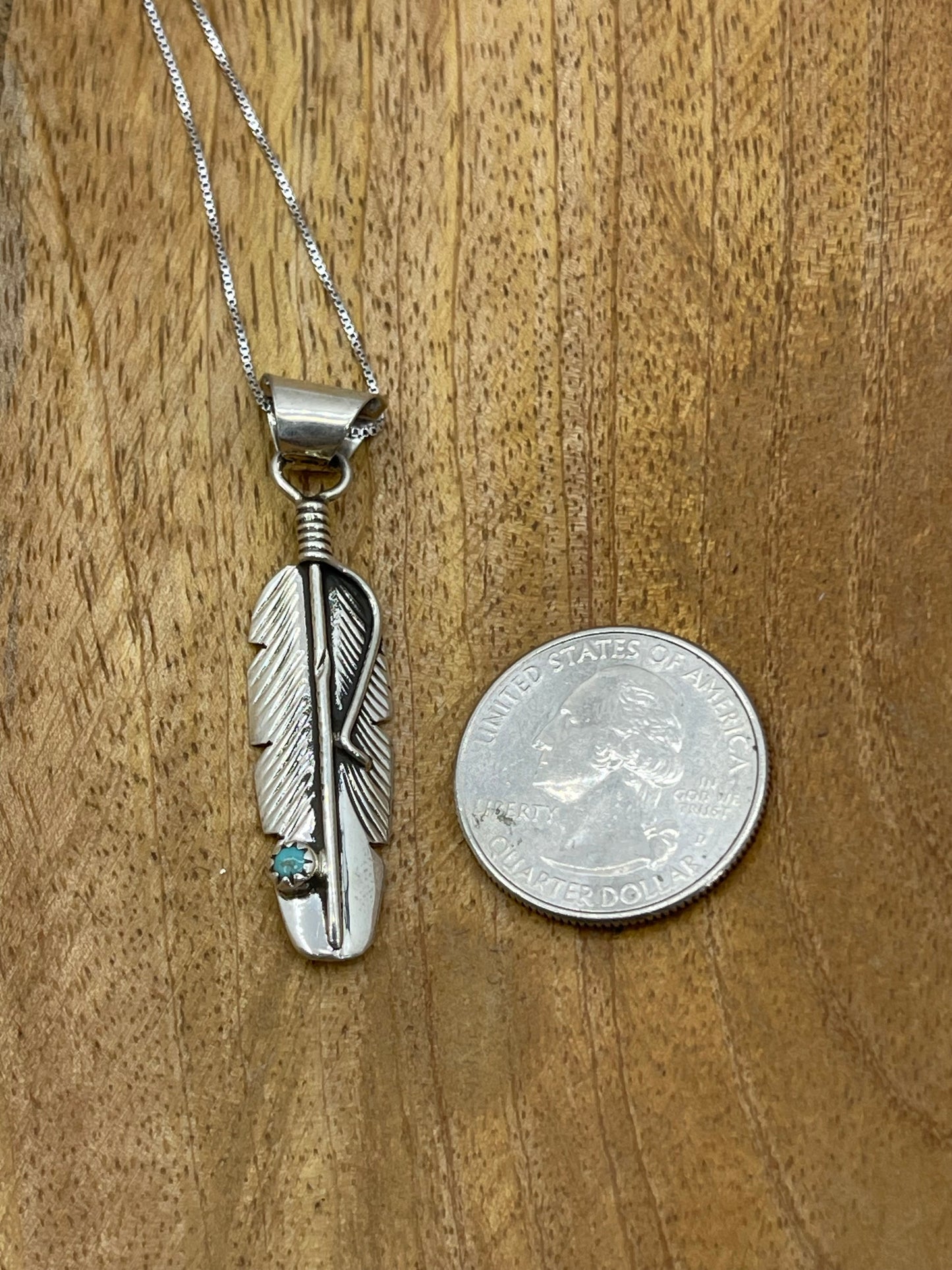 18" Feather Pendant with Turquoise Stone Necklace