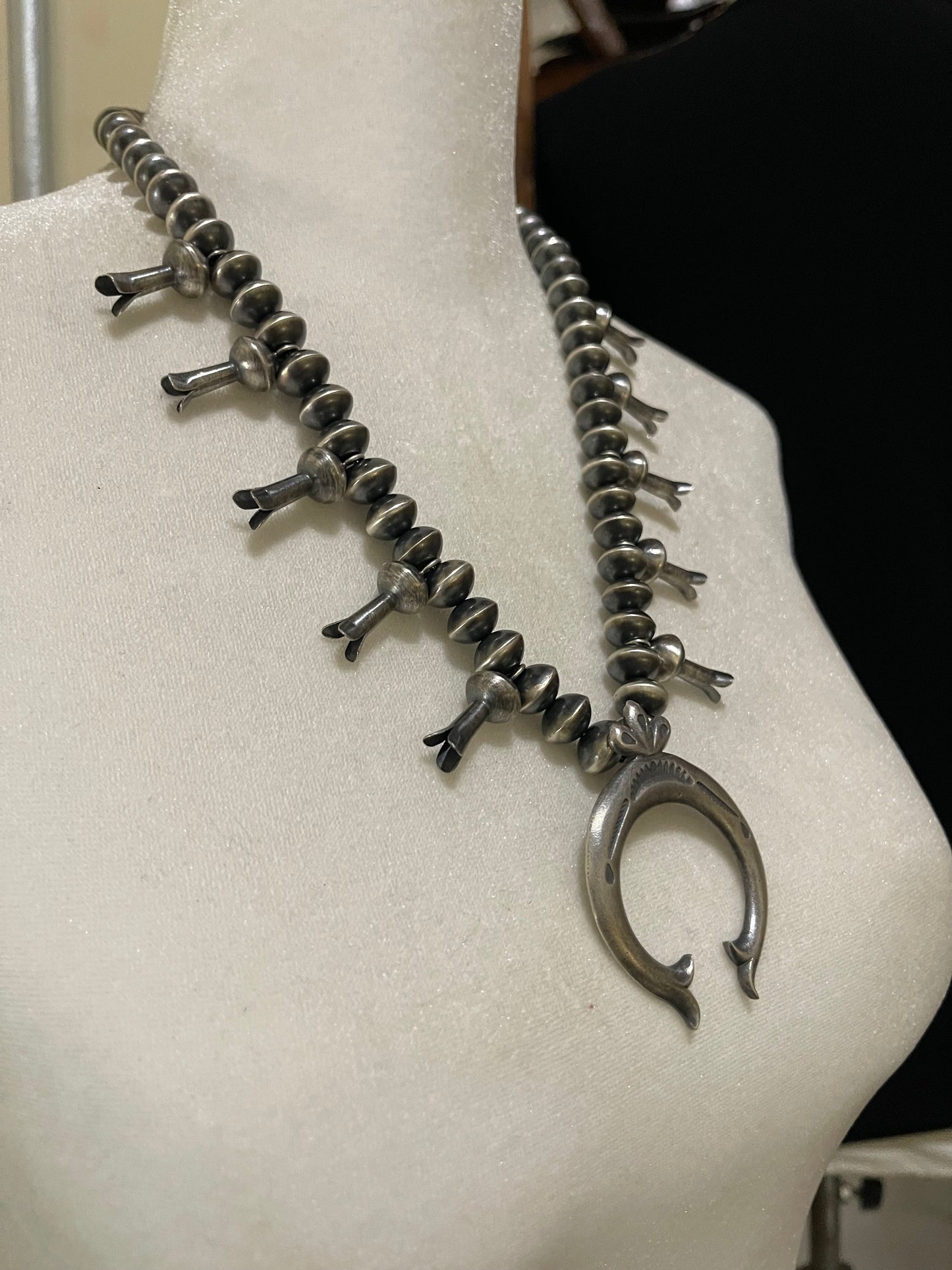 20" 12mm Navajo Saucer Sterling Silver Squash Blossom Necklace by Presley Haley, Navajo