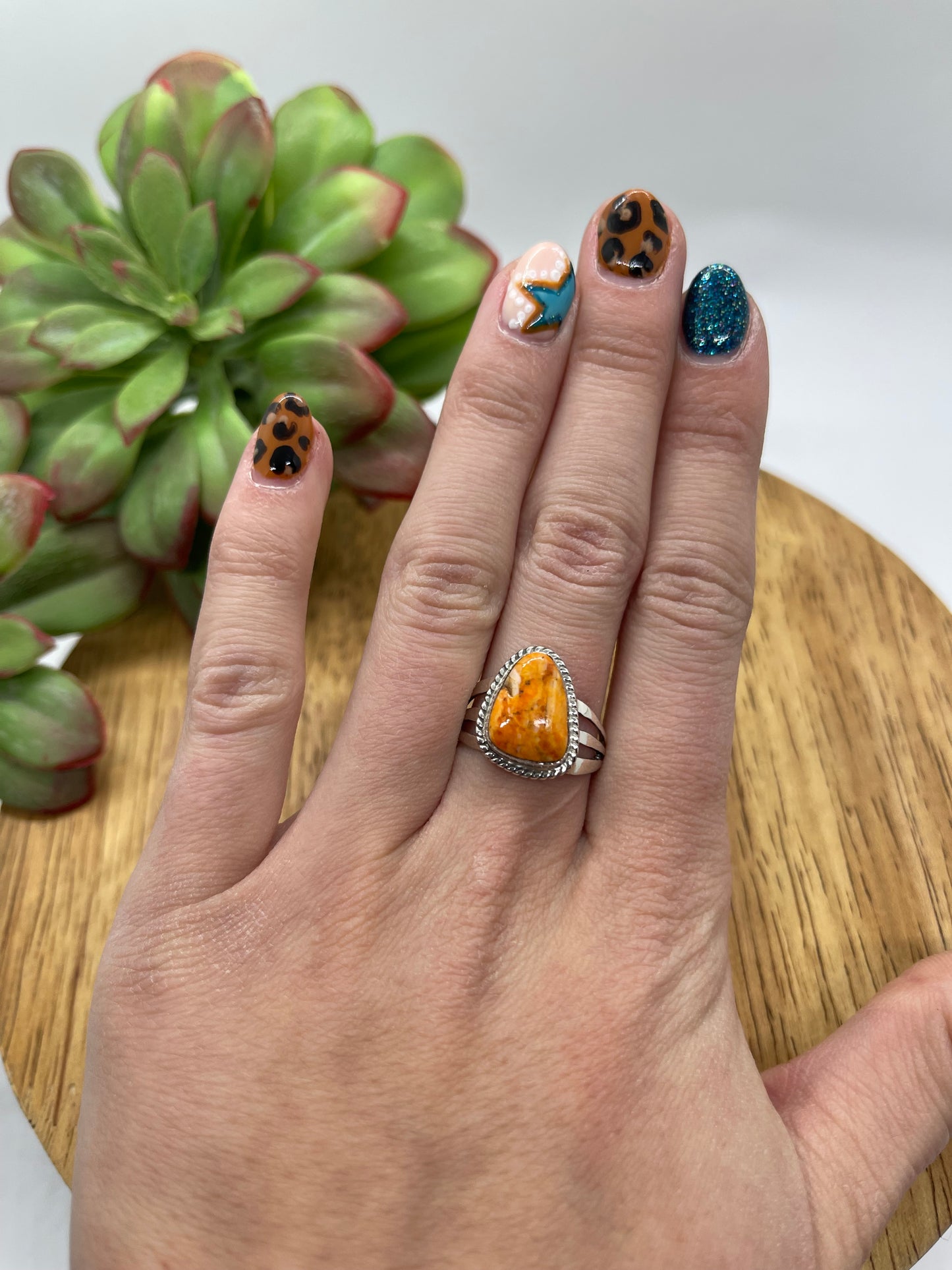 6.5 Orange Spiny Oyster Shell Triangle Ring by Tom Dinesto, Navajo
