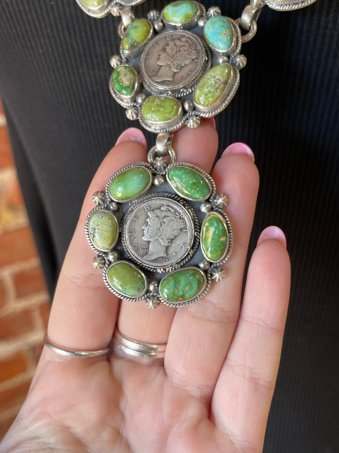 Sonoran Gold Turquoise Cluster Lariat with Silver Mercury Dimes