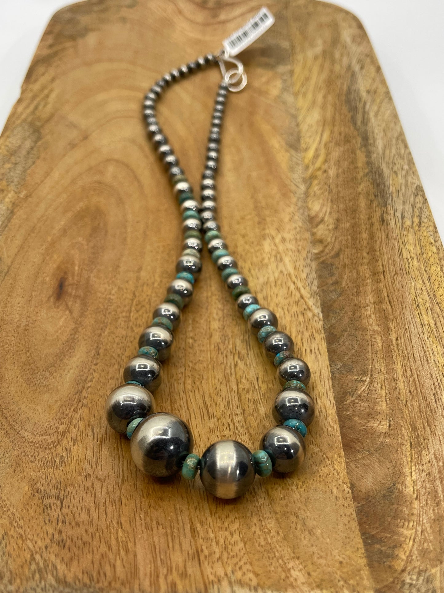 20" 5mm-16mm Graduated Navajo Style Pearl Necklace With Turquoise