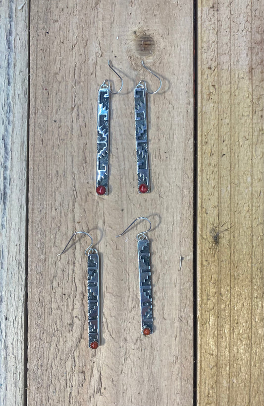 Hand Stamped Sterling Silver Bar Dangles with Coral by Marie Jackson