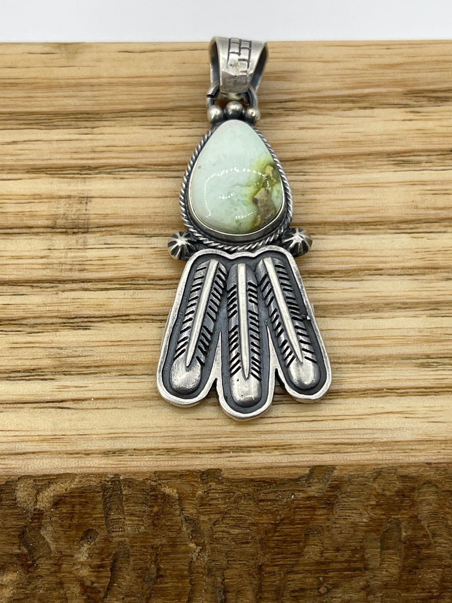 LOT 84 B 11/2 Palomino Turquoise Pendant with Feathers by Marita Benally, Navajo