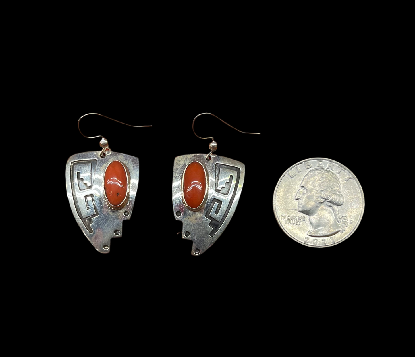 Red Coral Stamped Sterling Silver Arrowhead Hook Earrings by Everett & Mary Teller, Navajo