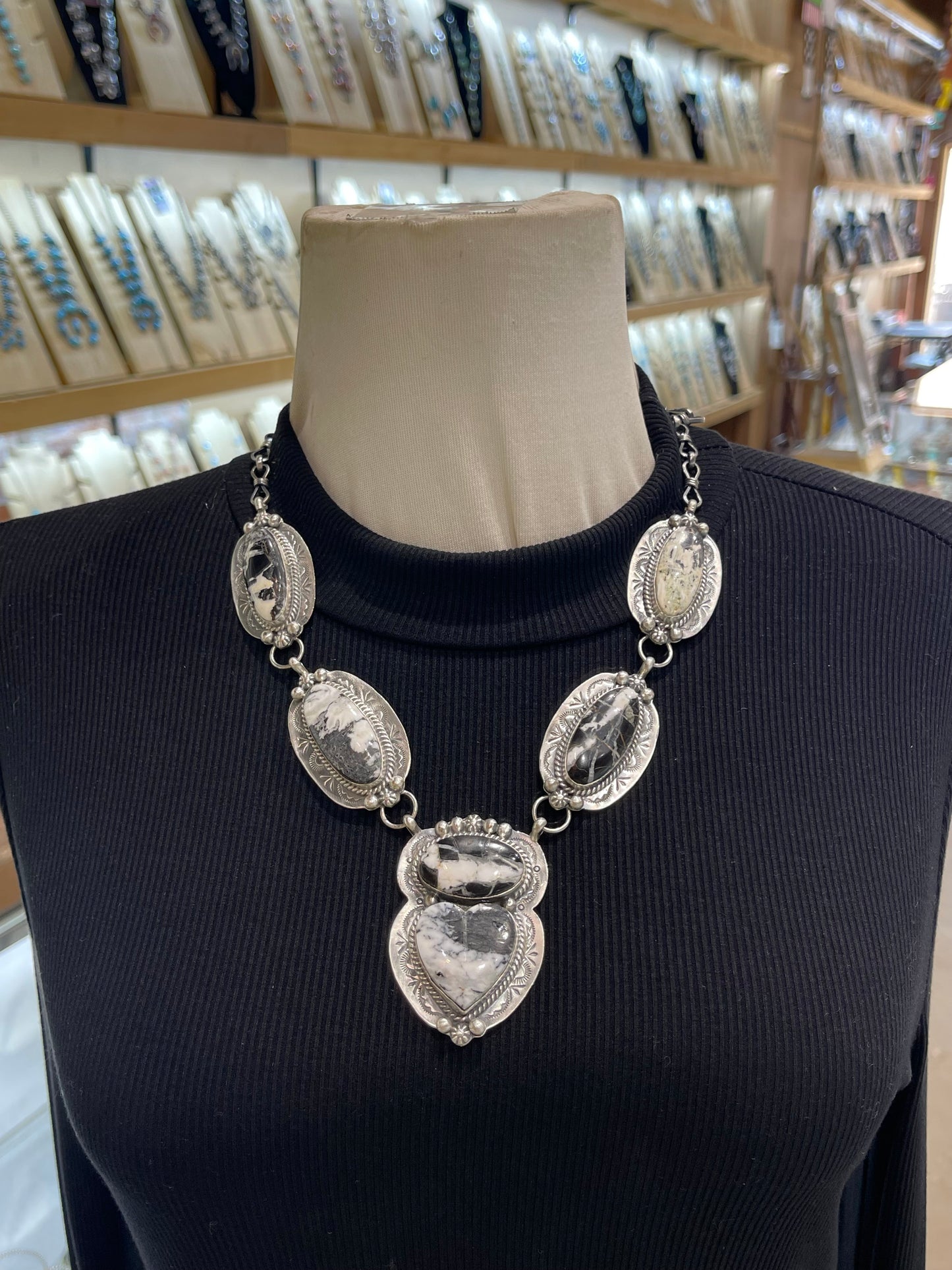 20" White Buffalo Heart Necklace by Lyle Piaso, Navajo