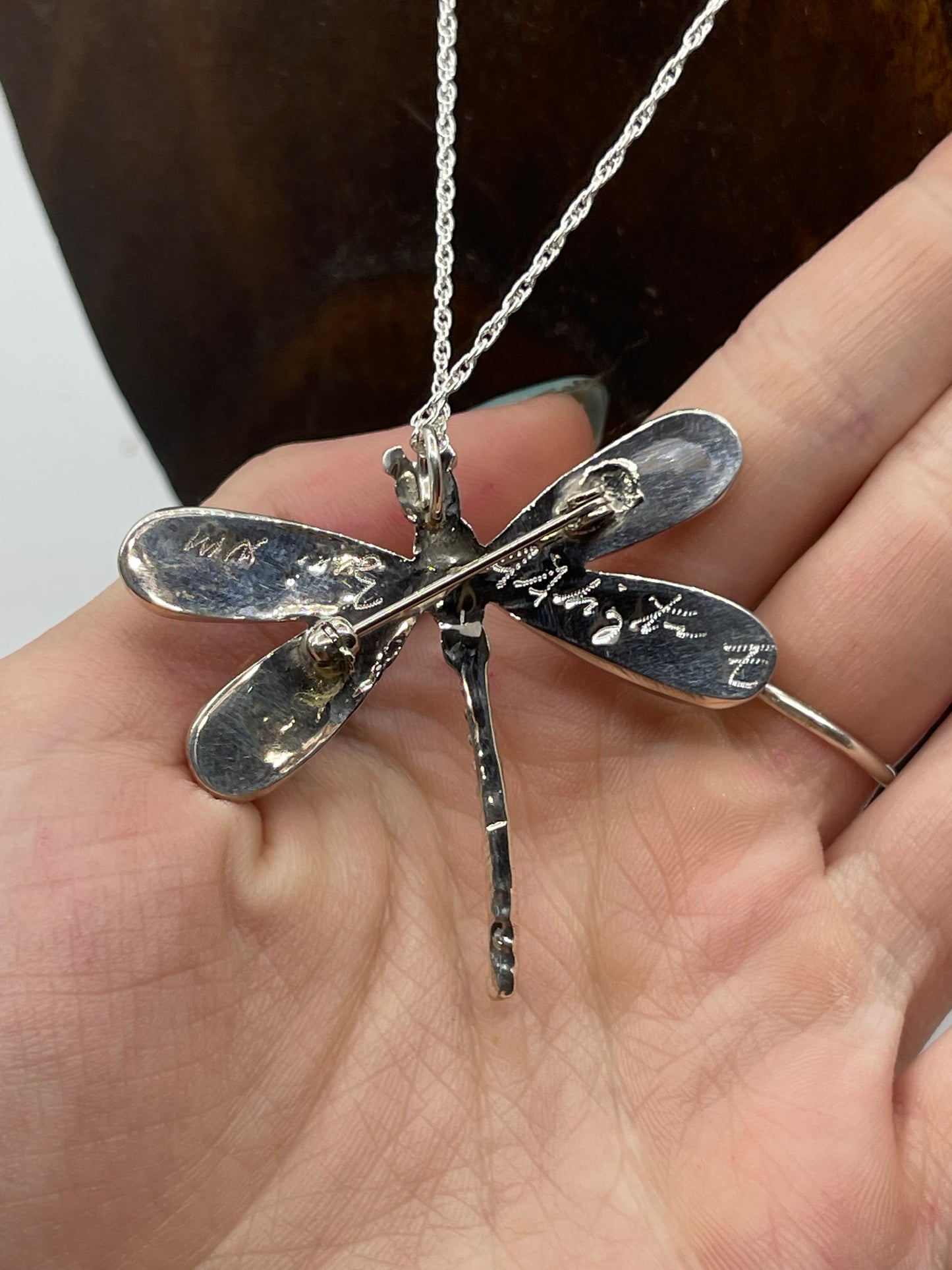 18" Wild Horse, Turquoise, Orange Spiny, and Black Onyx Dragonfly Pin/Pendant Combo Necklace by Angus Ahiyite, Zuni