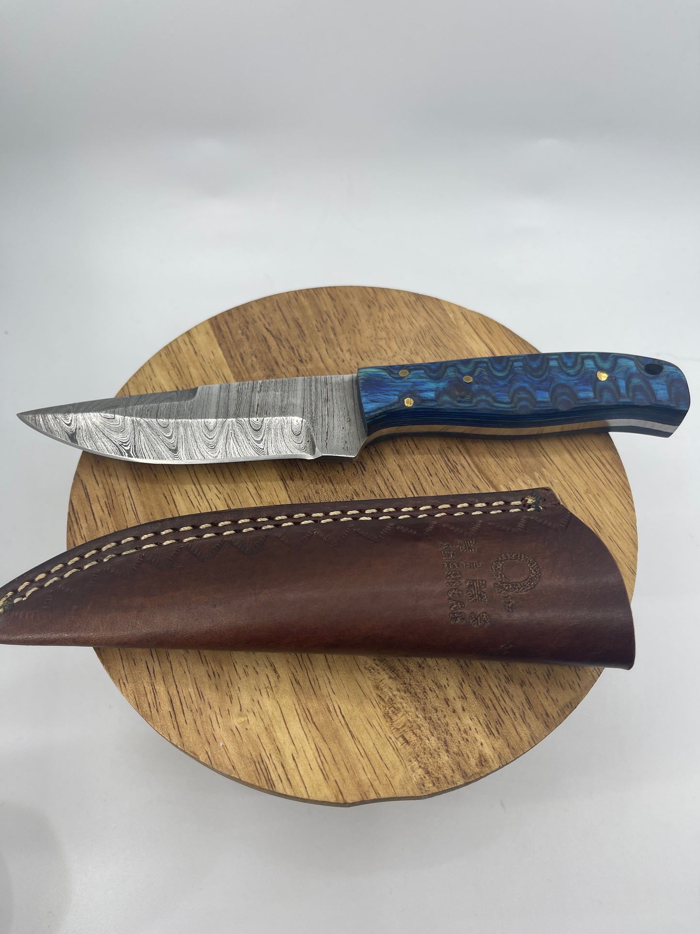 Damascus Blade With Wood Handle and Leather Sheath, USA Made