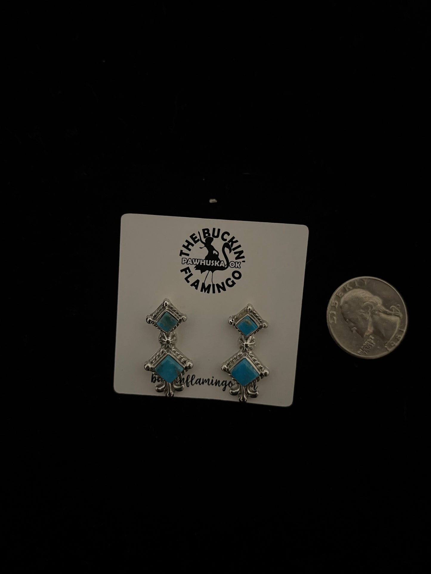 2 Stone Turquoise Diamond Shaped Post Dangle Earrings by Sadie Jim, Navajo