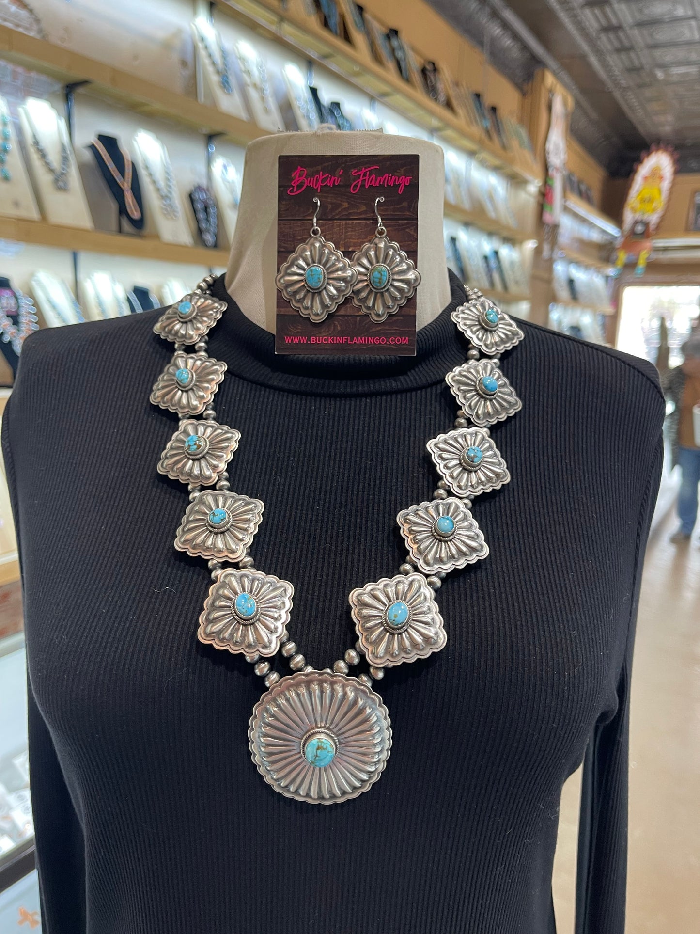 26" Concho Necklace with Turquoise & Earring Set by Tom Lewis, Navajo