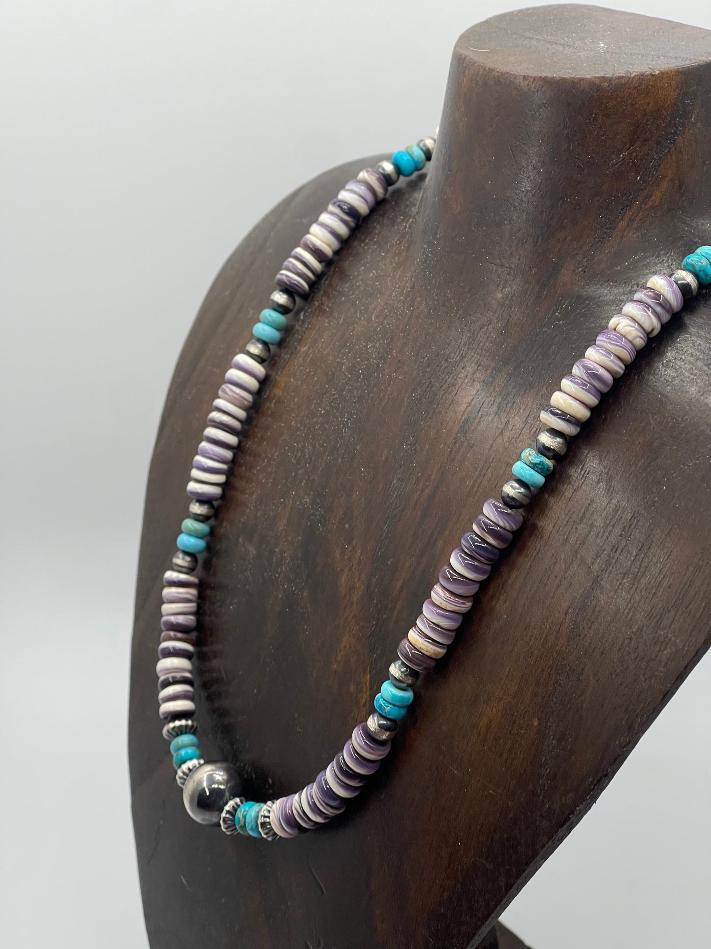 18" 14mm Wampum Shell, Turquoise, and Navajo Pearls Necklace