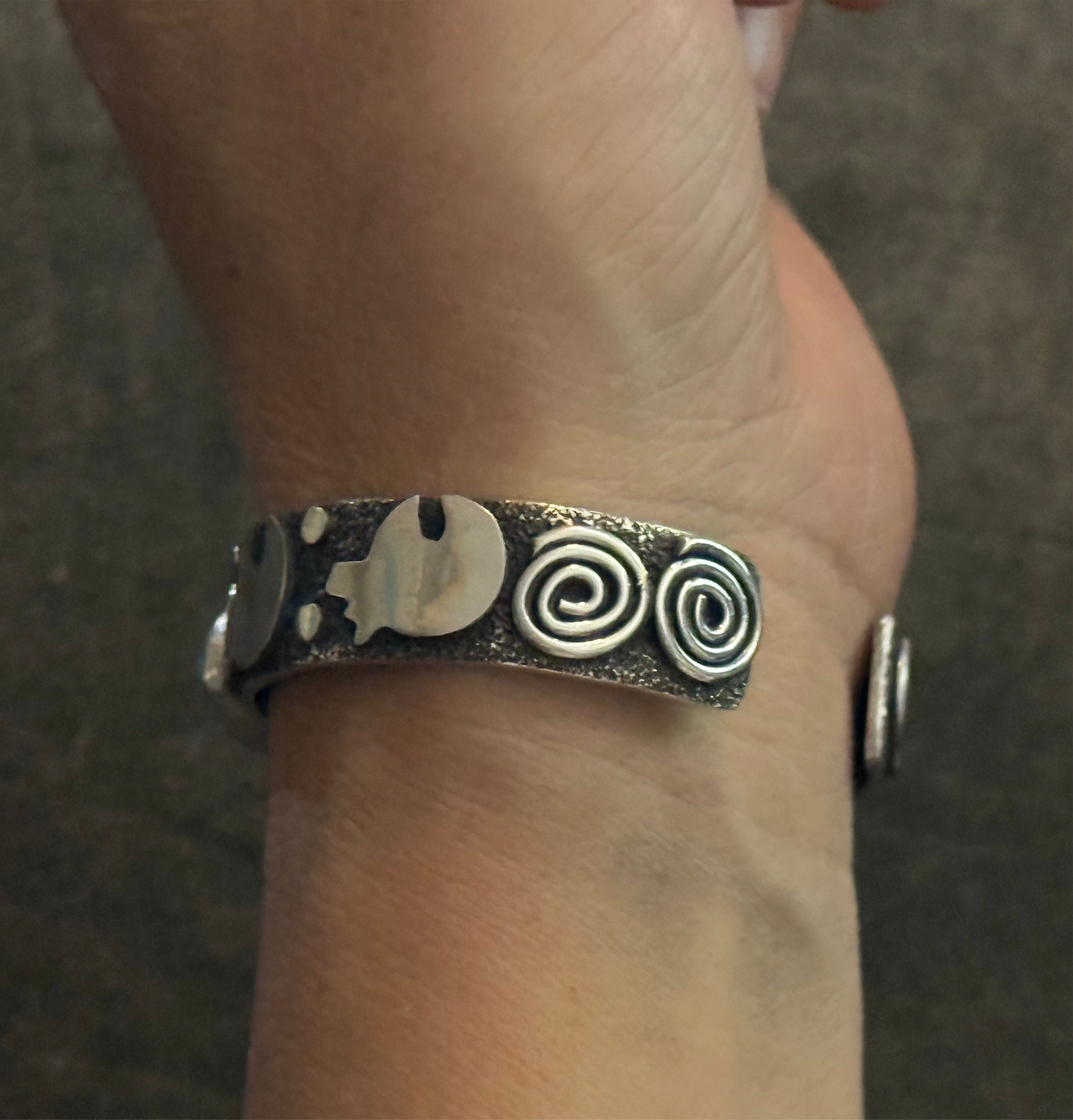 Petroglyph Cuff with Blue Kingman Web Turquoise by Alex Sanchez, Navajo (narrow)