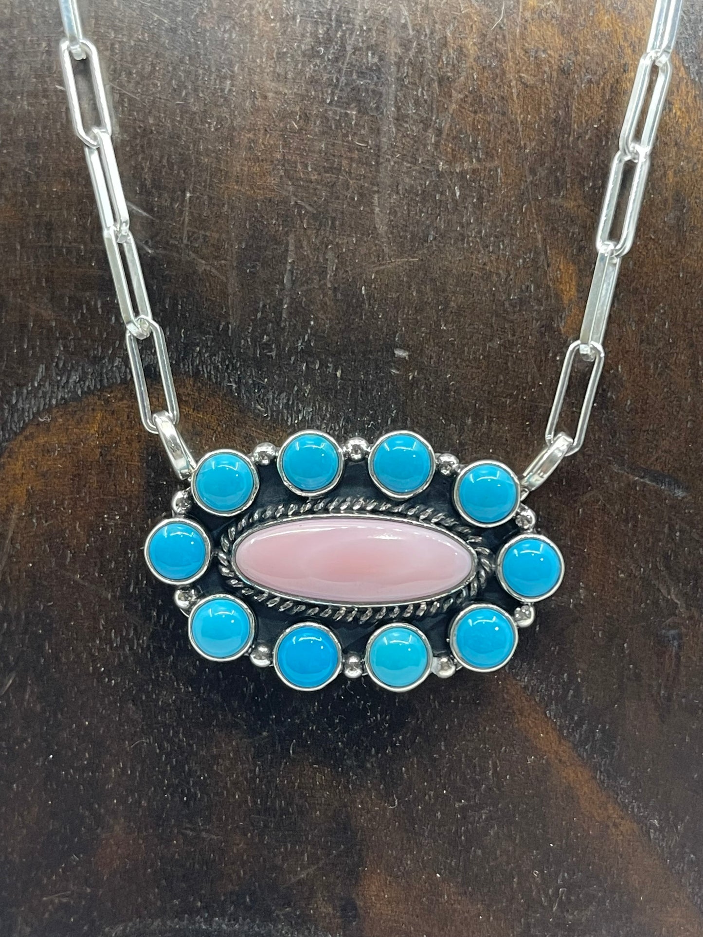 16" Sleeping Beauty Turquoise & Pink Conch Cluster Necklace