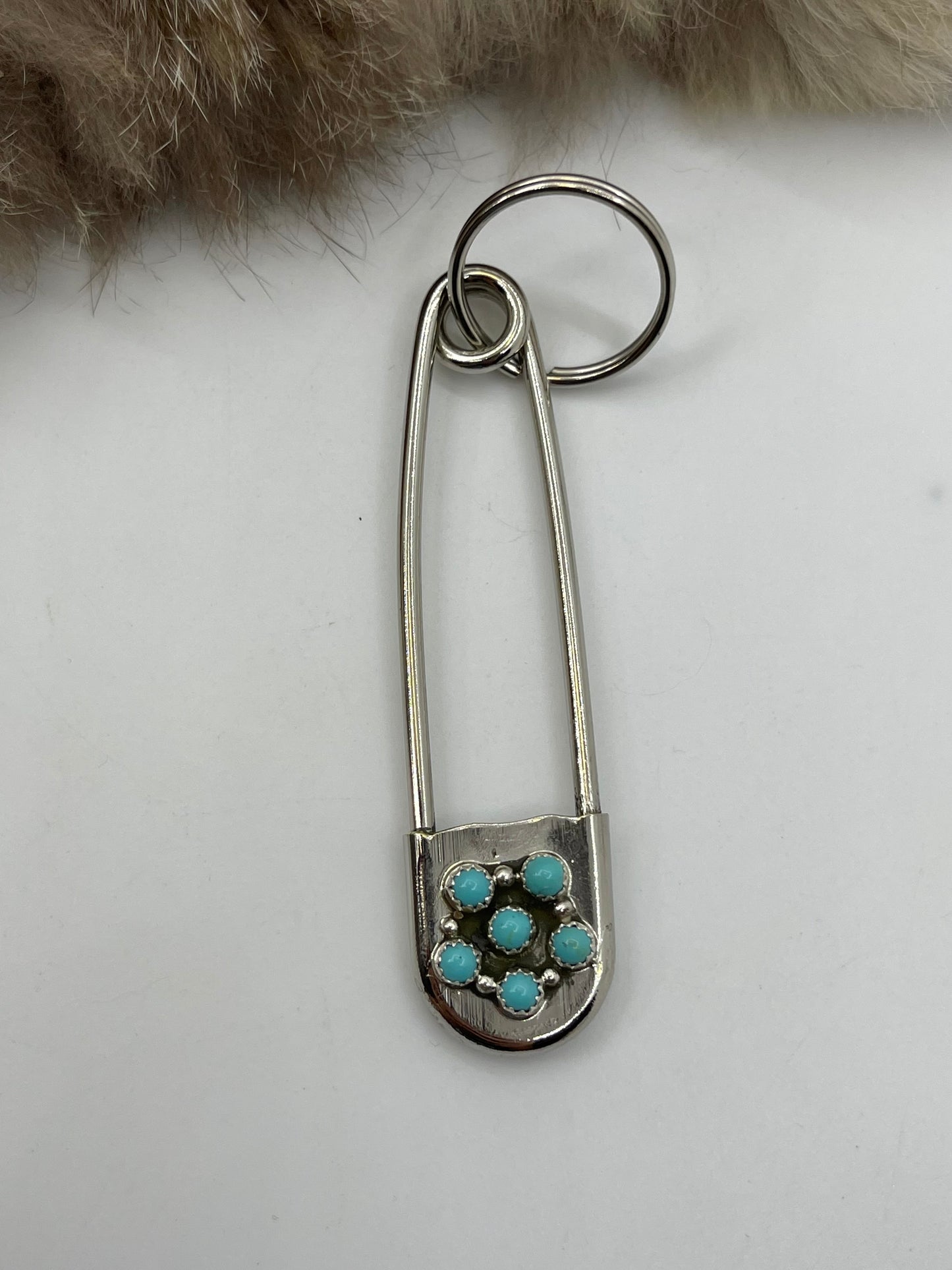 Safety Pin Key Chain with Turquoise by Dorothy Yazzie, Navajo