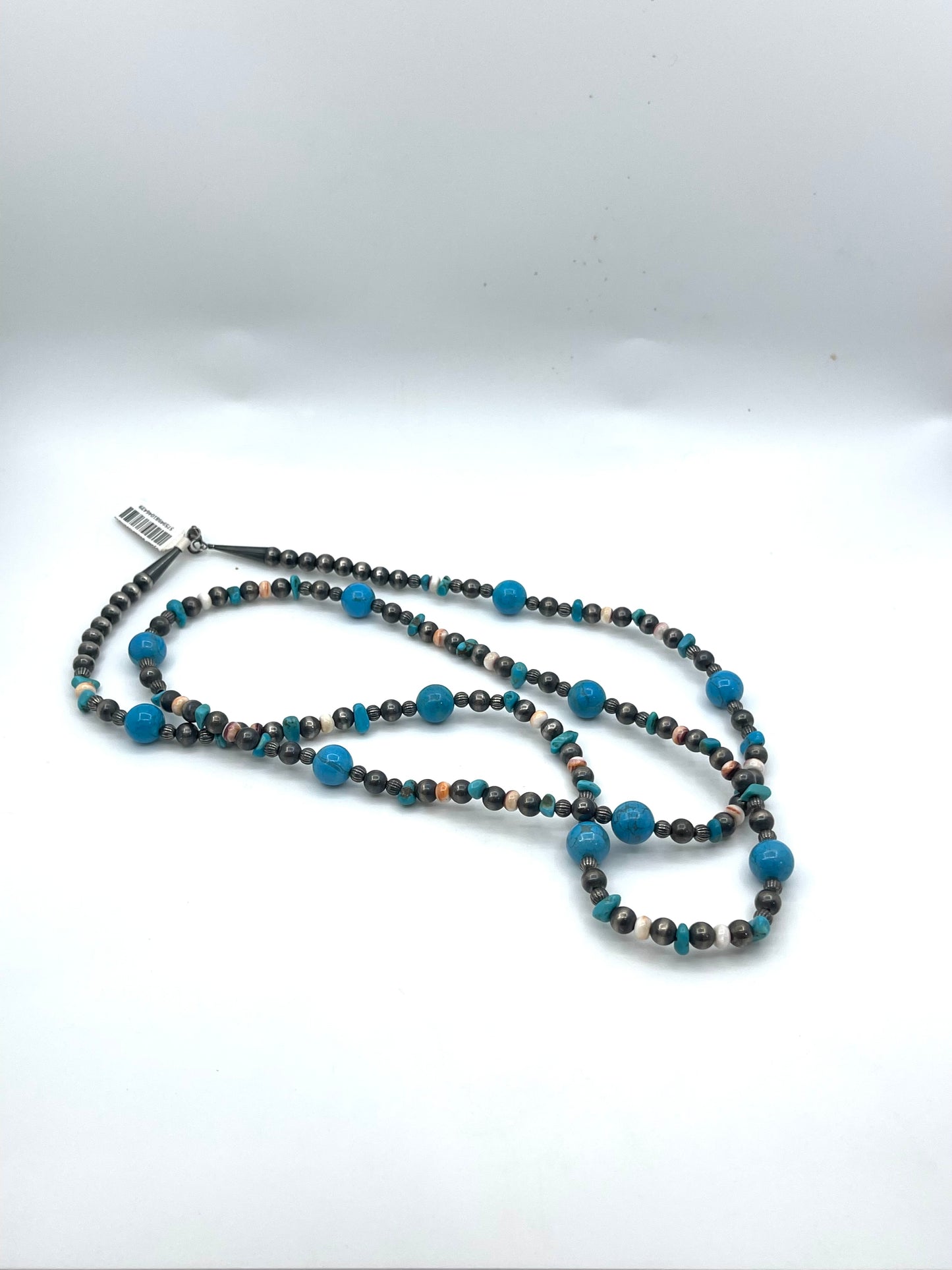 44" Navajo Style Pearls with Turquoise & Spiny Oyster Beads Necklace