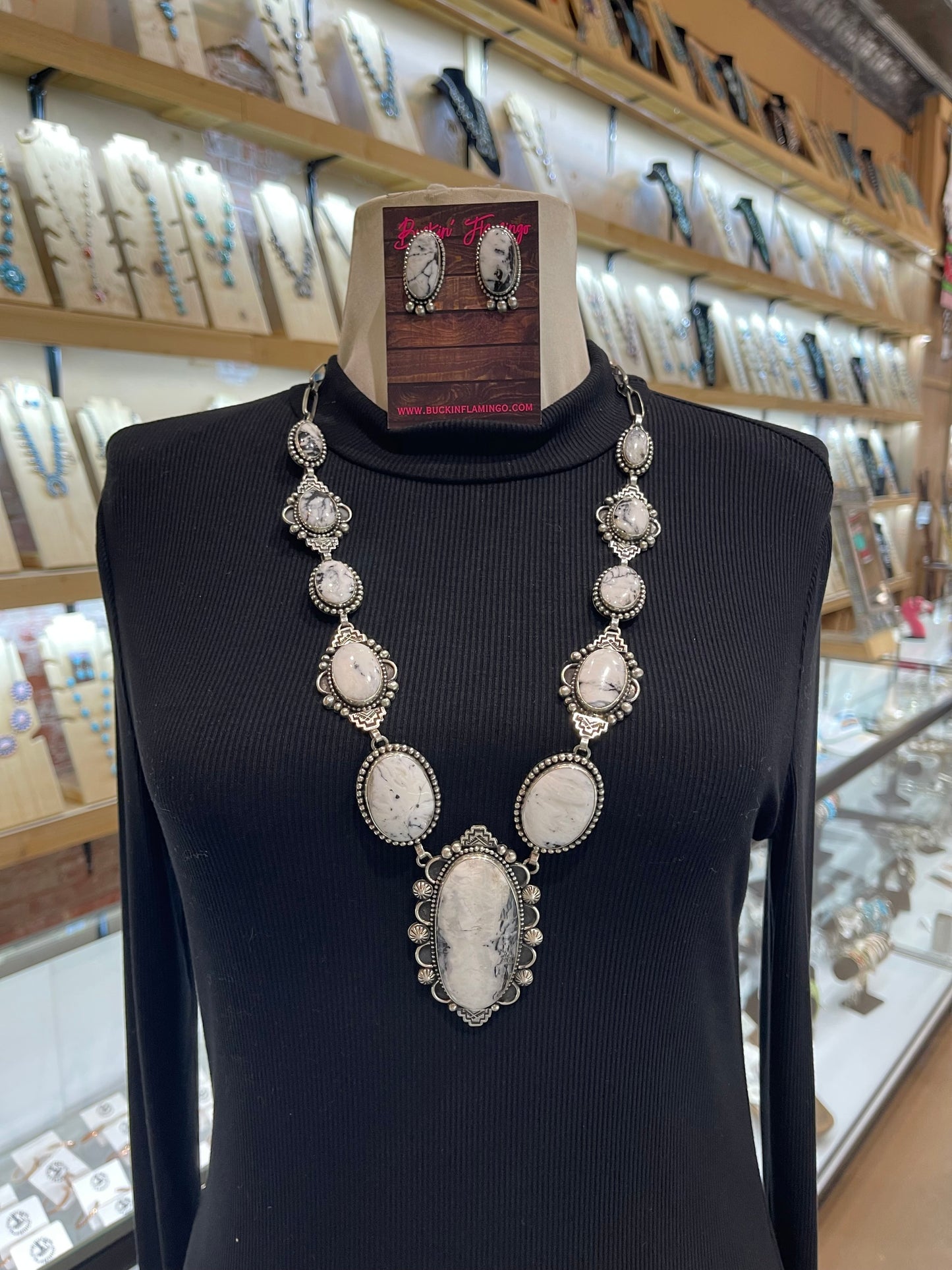30" White Buffalo Necklace & Earring Set by Mary Ellen Pease, Navajo