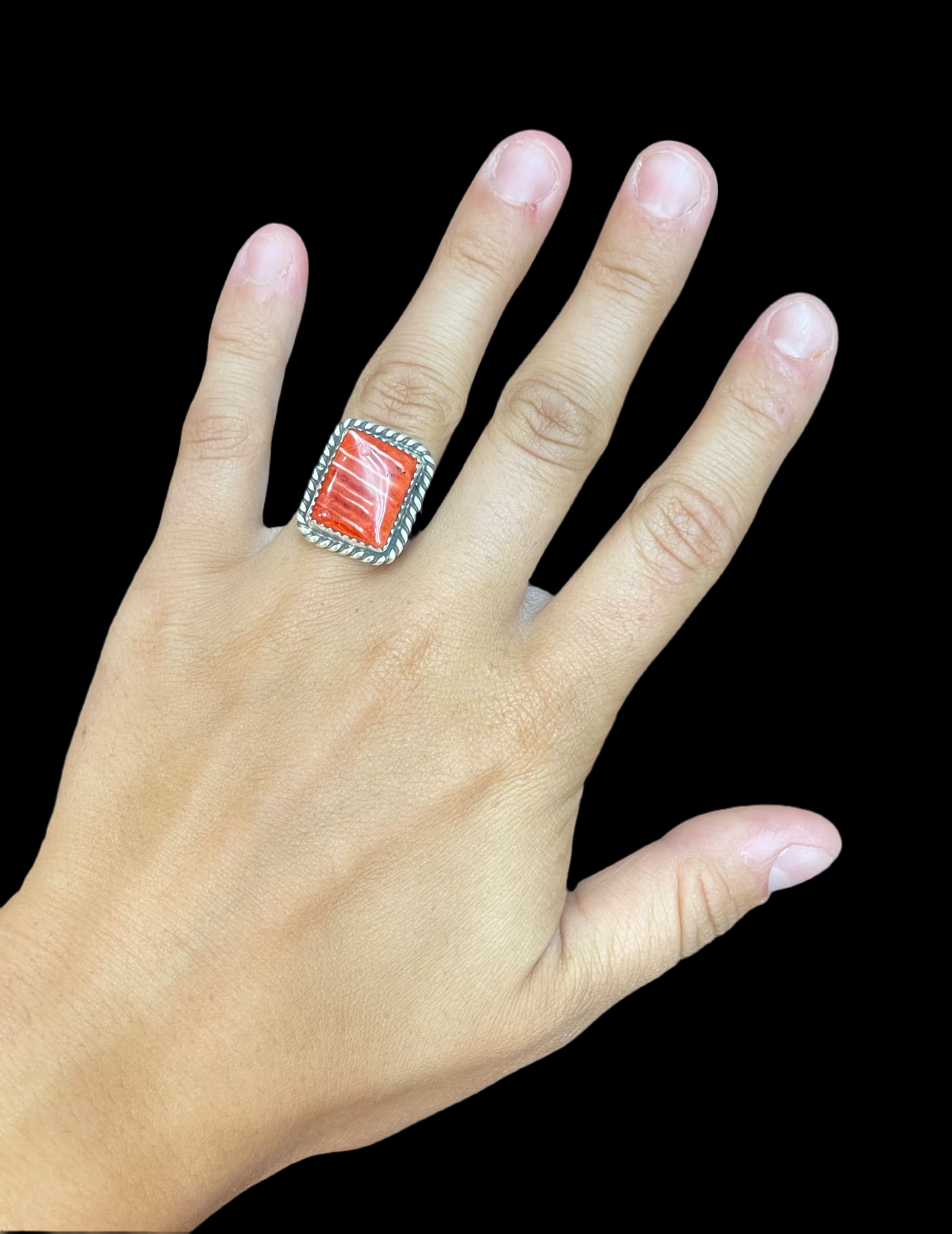 6.0 Red Spiny Oyster Shell Square Ring by Thomas Francisco, Navajo