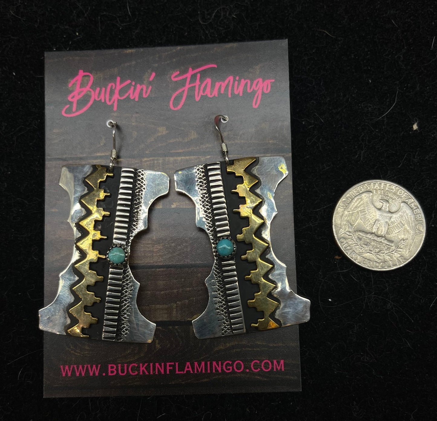 Turquoise and Brass Overlay Design Earrings by Tommy & Rose Singer, Navajo