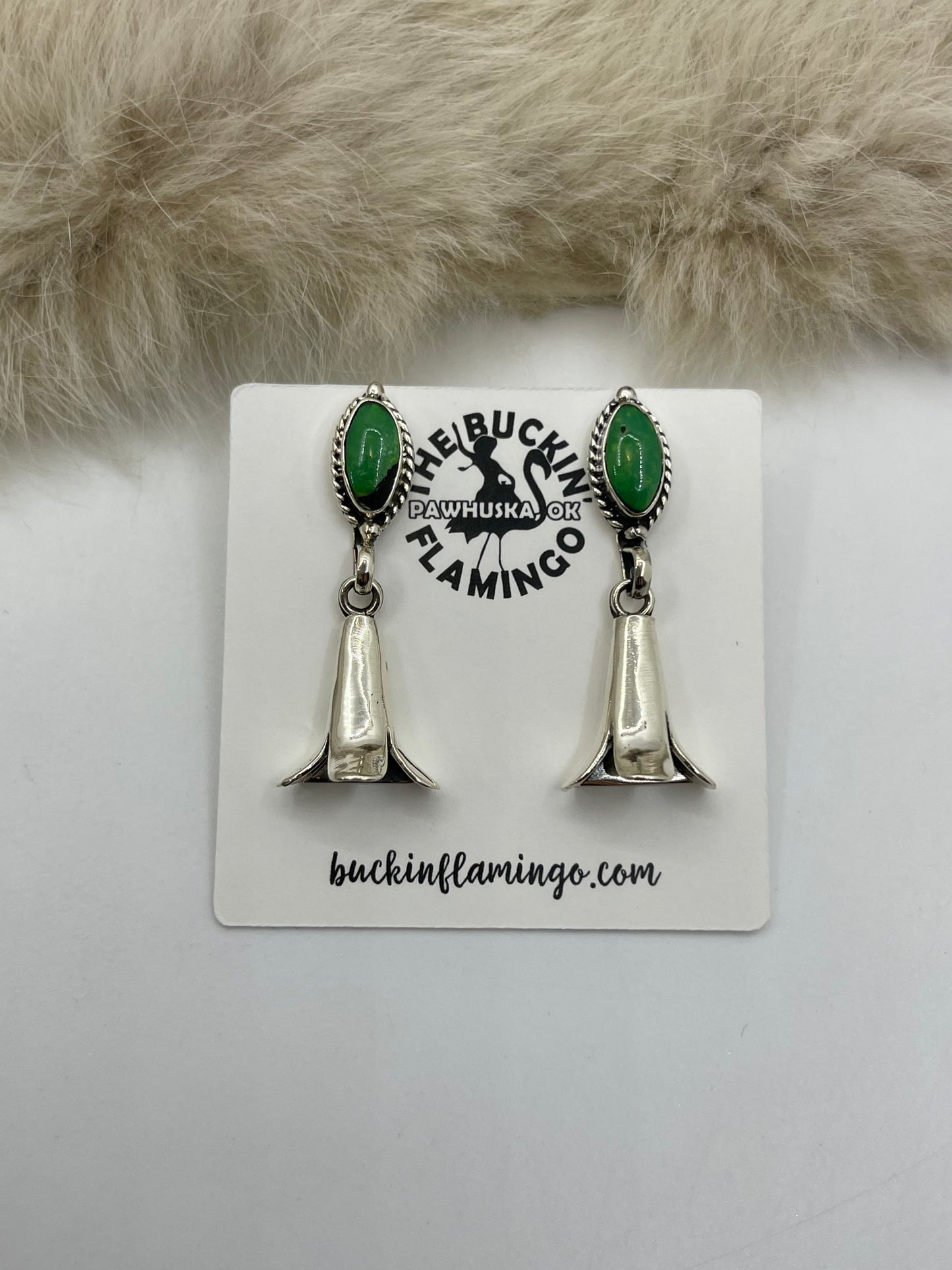 Green Turquoise Half Blossom Earrings by Ryntanna Yazzie, Navajo