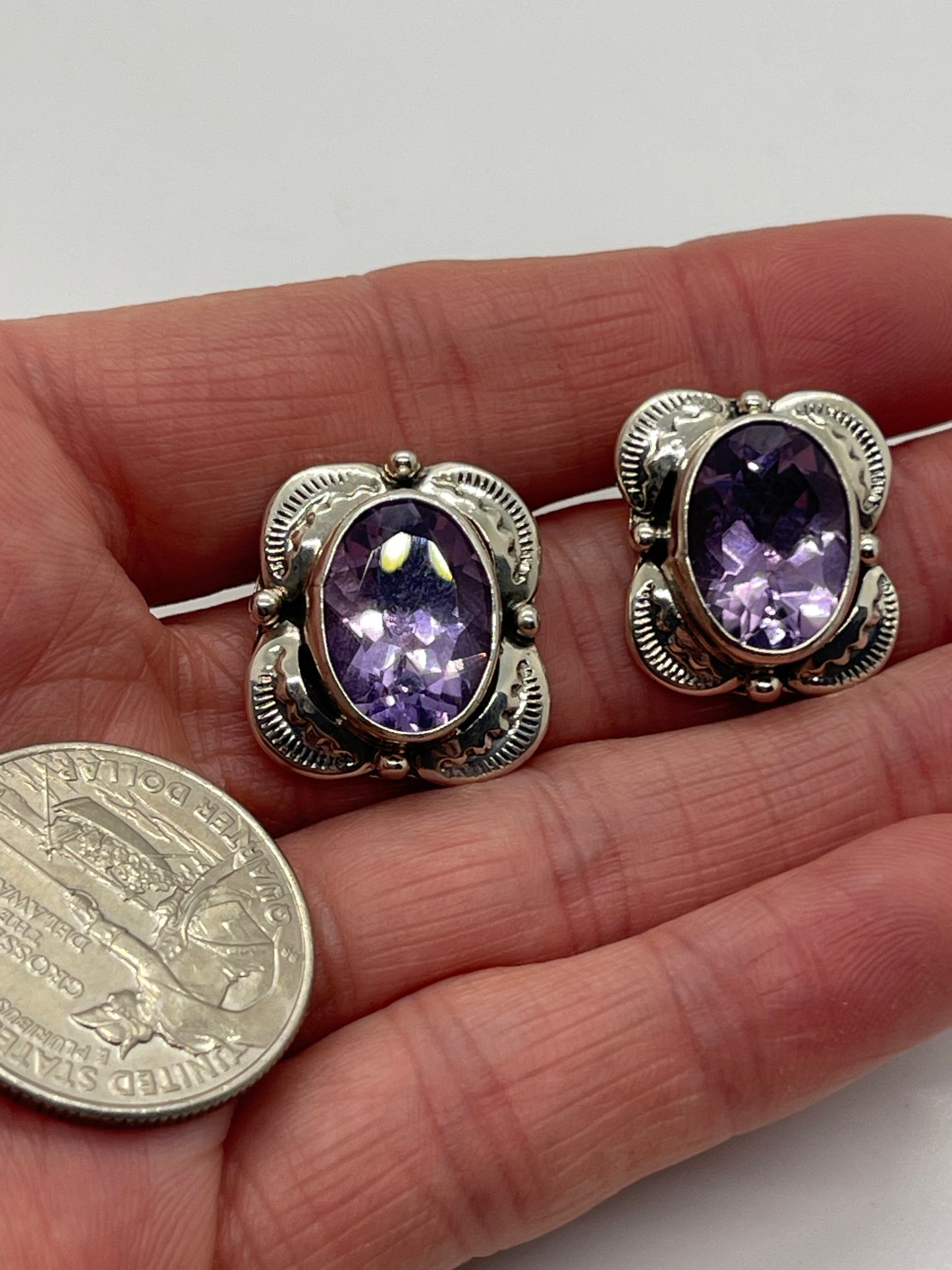 Oval Amethyst Post Earrings by Sadie Jim, Navajo