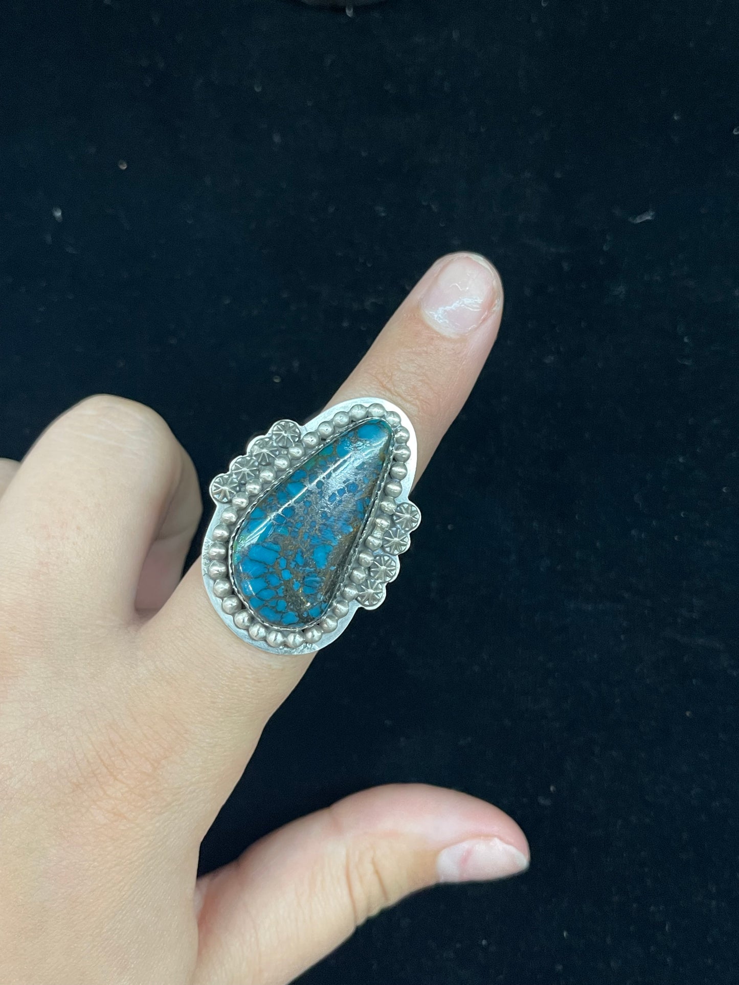 7.0 Kingman Web Turquoise Teardrop Ring by J. Piaso, Navajo