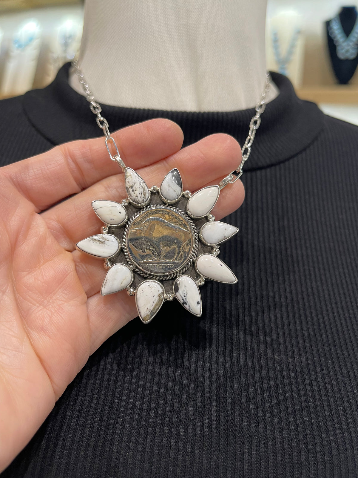 18" White Buffalo Cluster Necklace with Buffalo Nickel