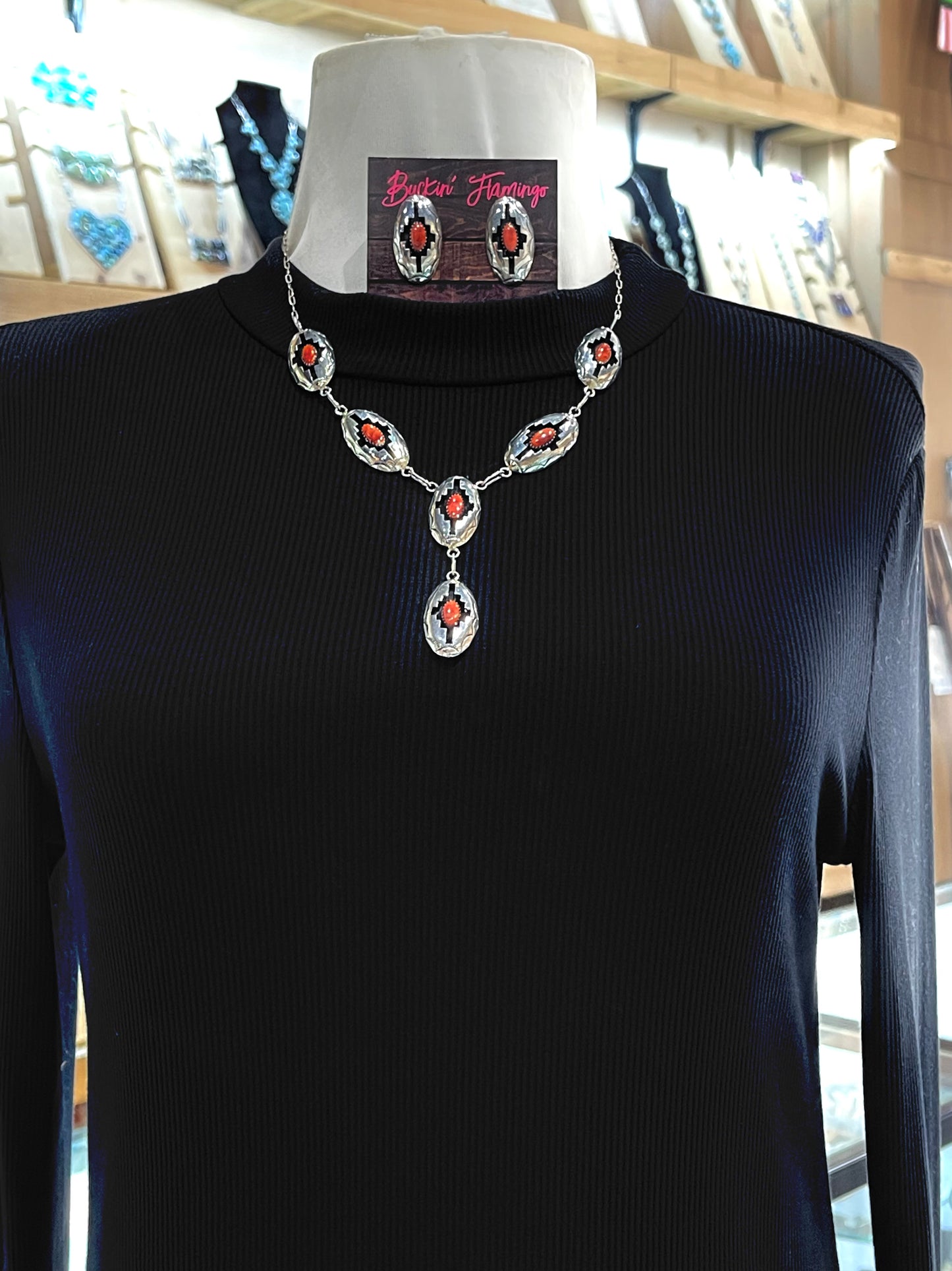 18" Red Spiny Shadowbox Lariat and Earring Set by Felix Perry, Navajo