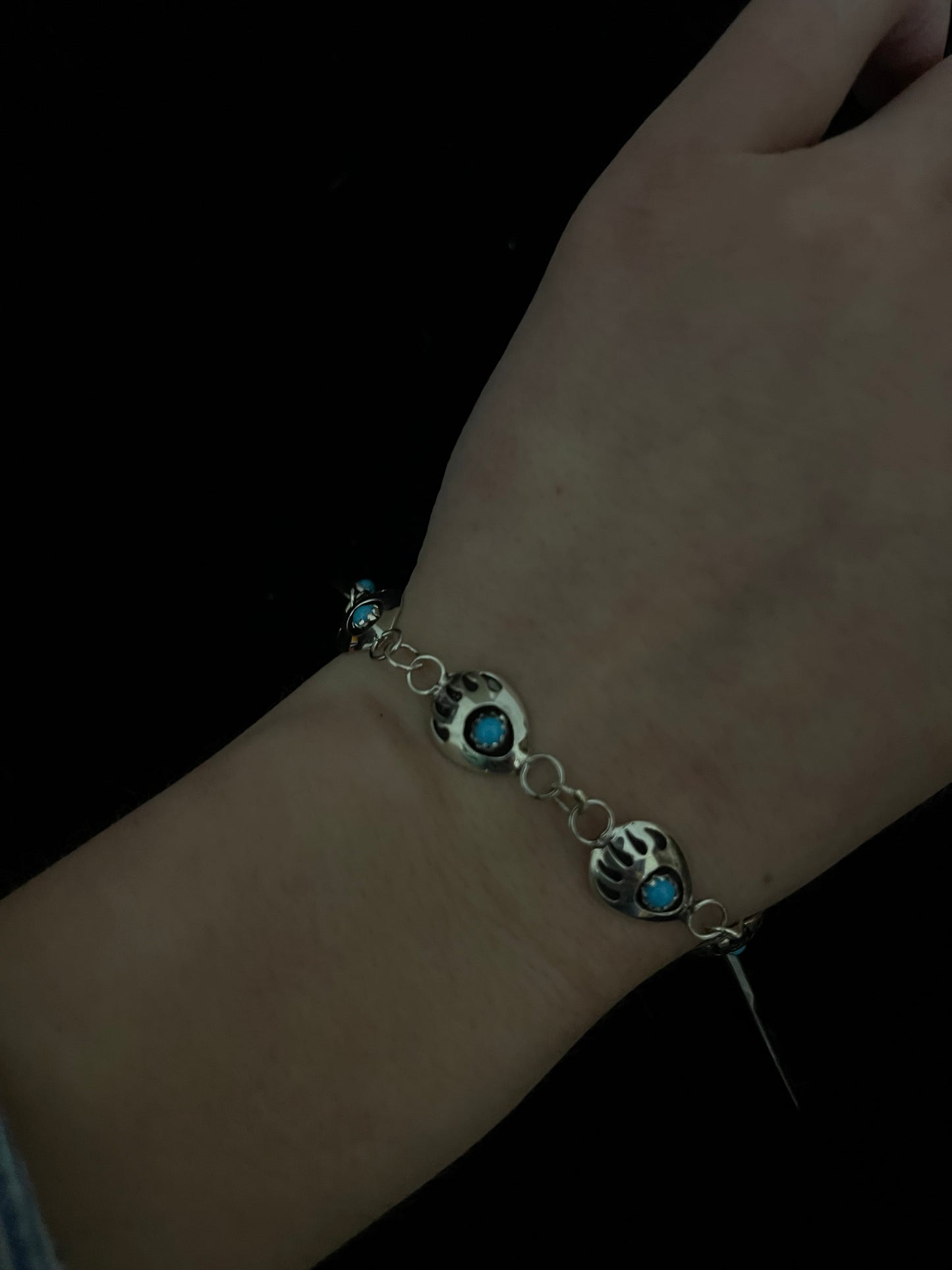 Adjustable 7 1/4" Linked Shadowbox Turquoise Bear Claw Bracelet by Leroy Parker, Navajo
