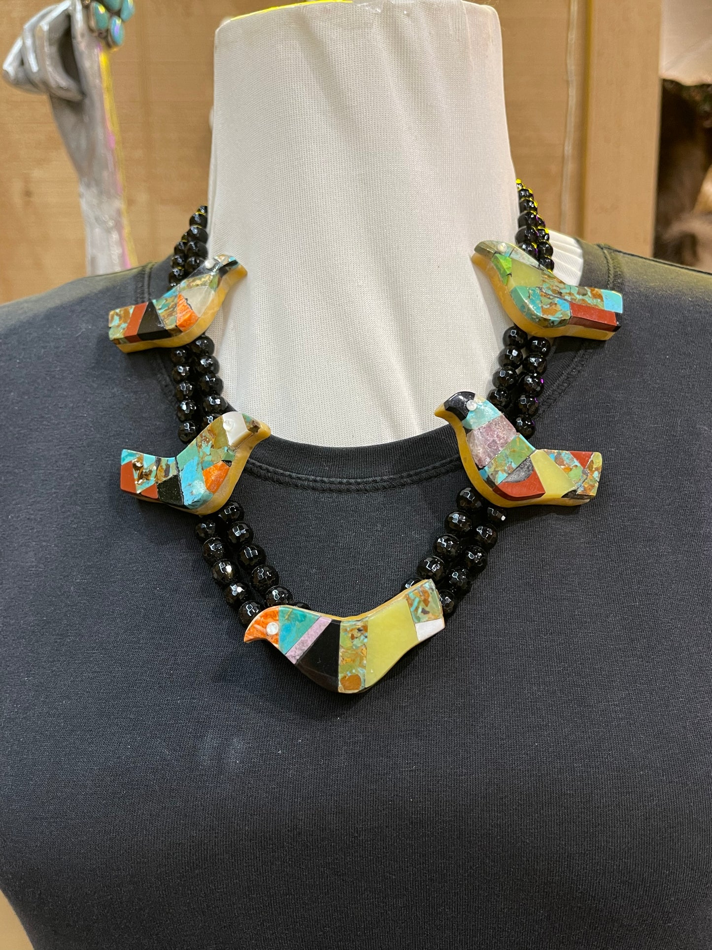 Hand Cut Onyx Beads with Birds Necklace