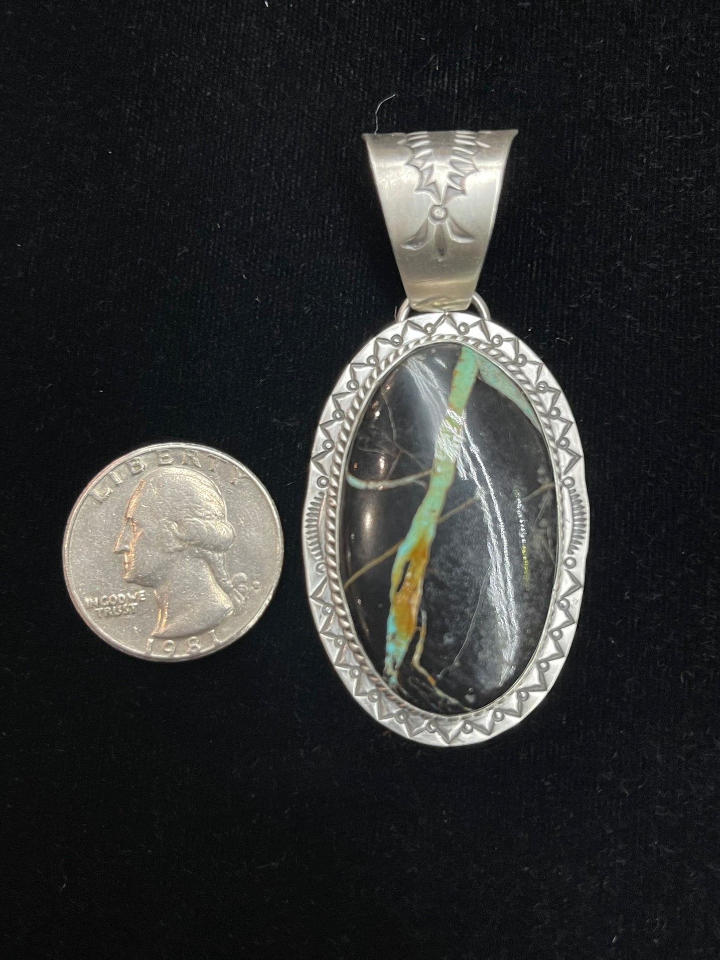 12.9mm Bale Black Buffalo Turquoise Pendant by J Piaso, Jr. Navajo