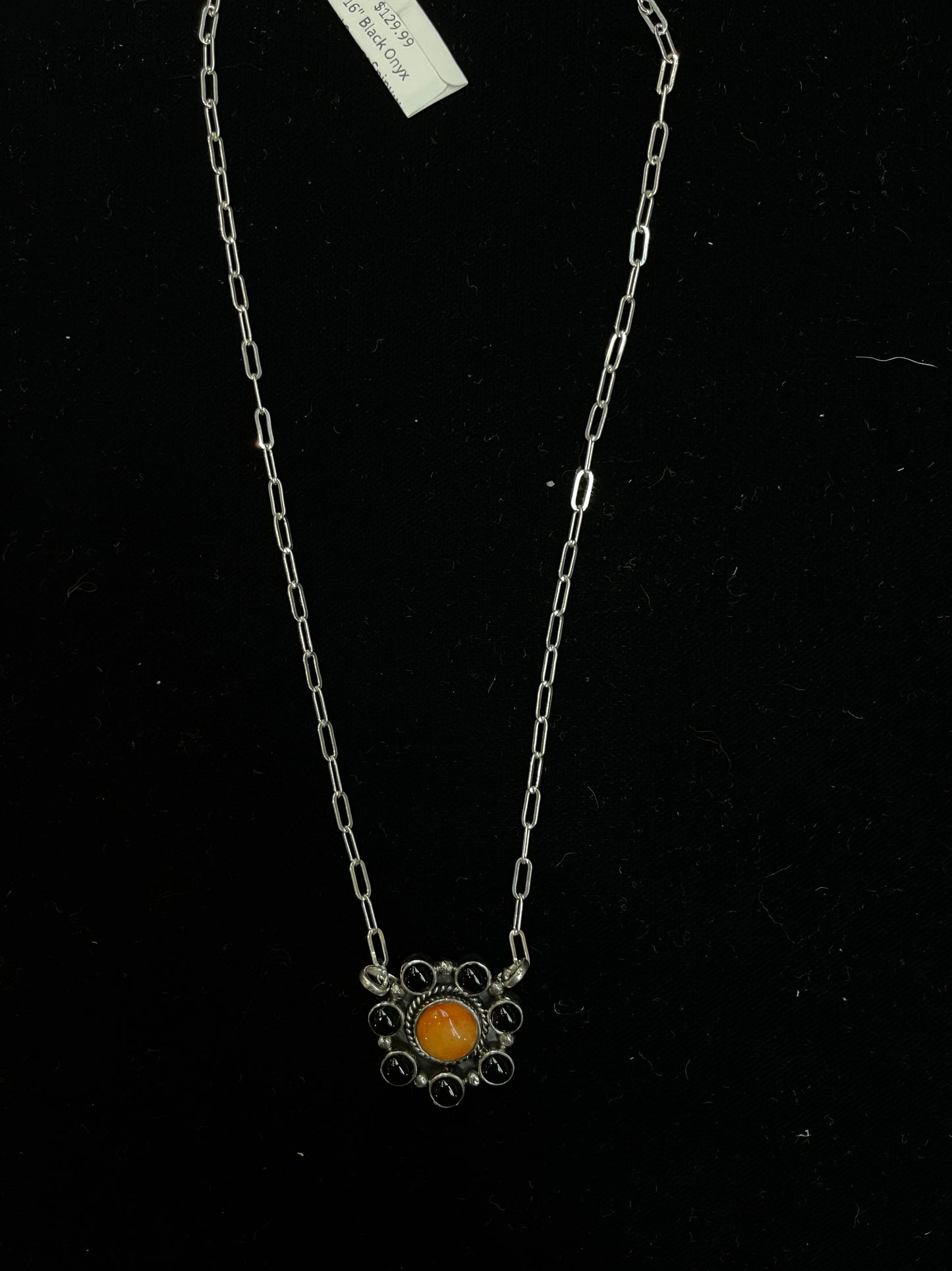 16" Black Onyx and Orange Spiny Oyster Necklace
