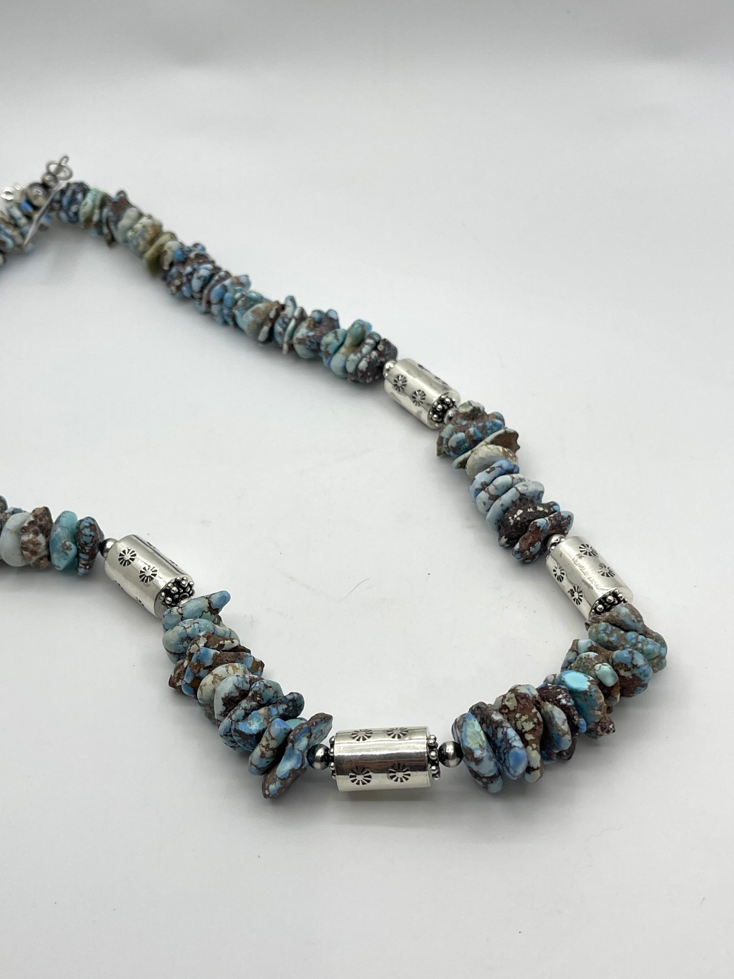 26" Natural Golden Hills Chunky Slab Turquoise Necklace with Stamped Barrel Beads