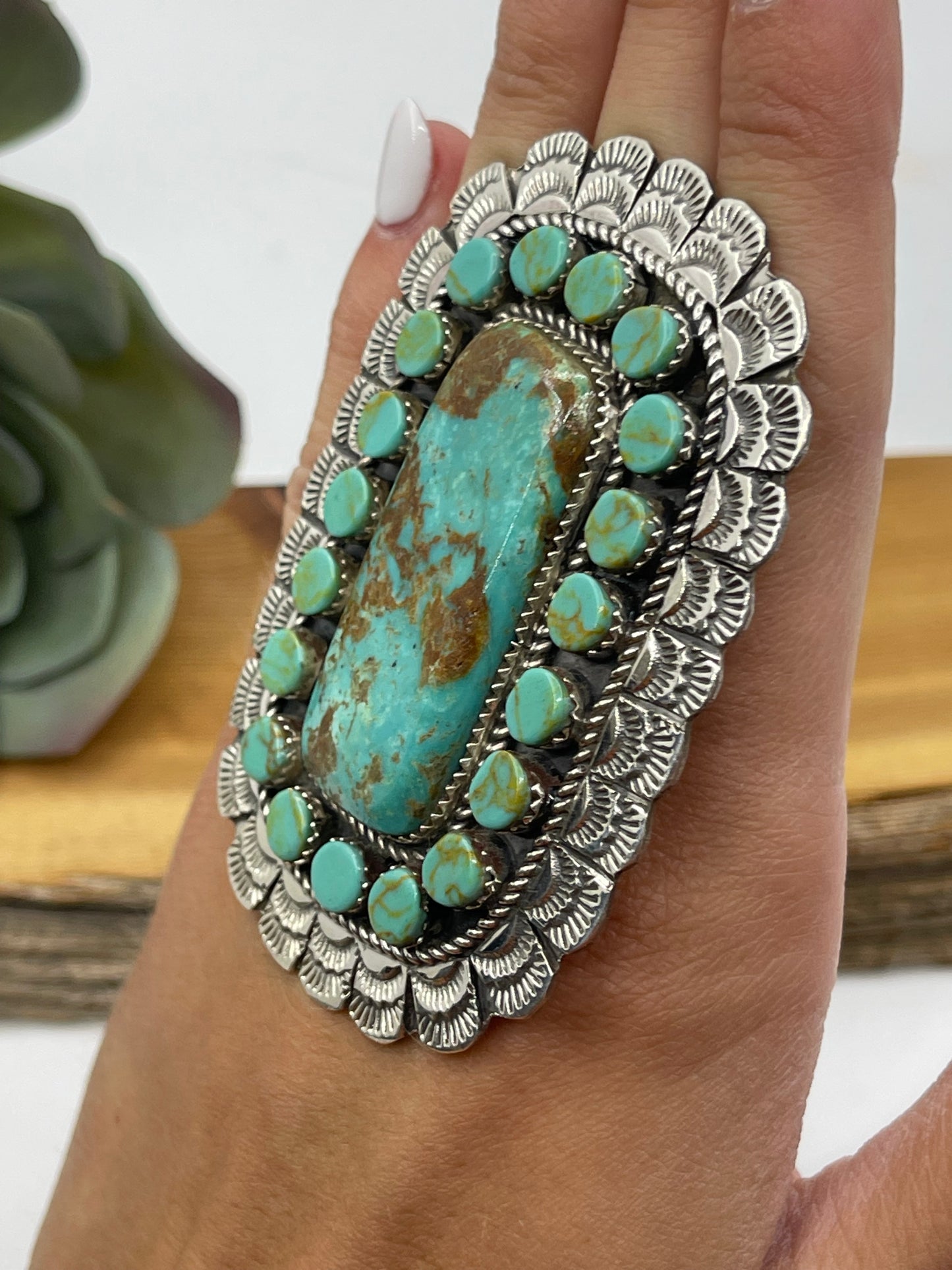 Adjustable Kingman Turquoise Cluster Ring by Larry Etsitty, Navajo