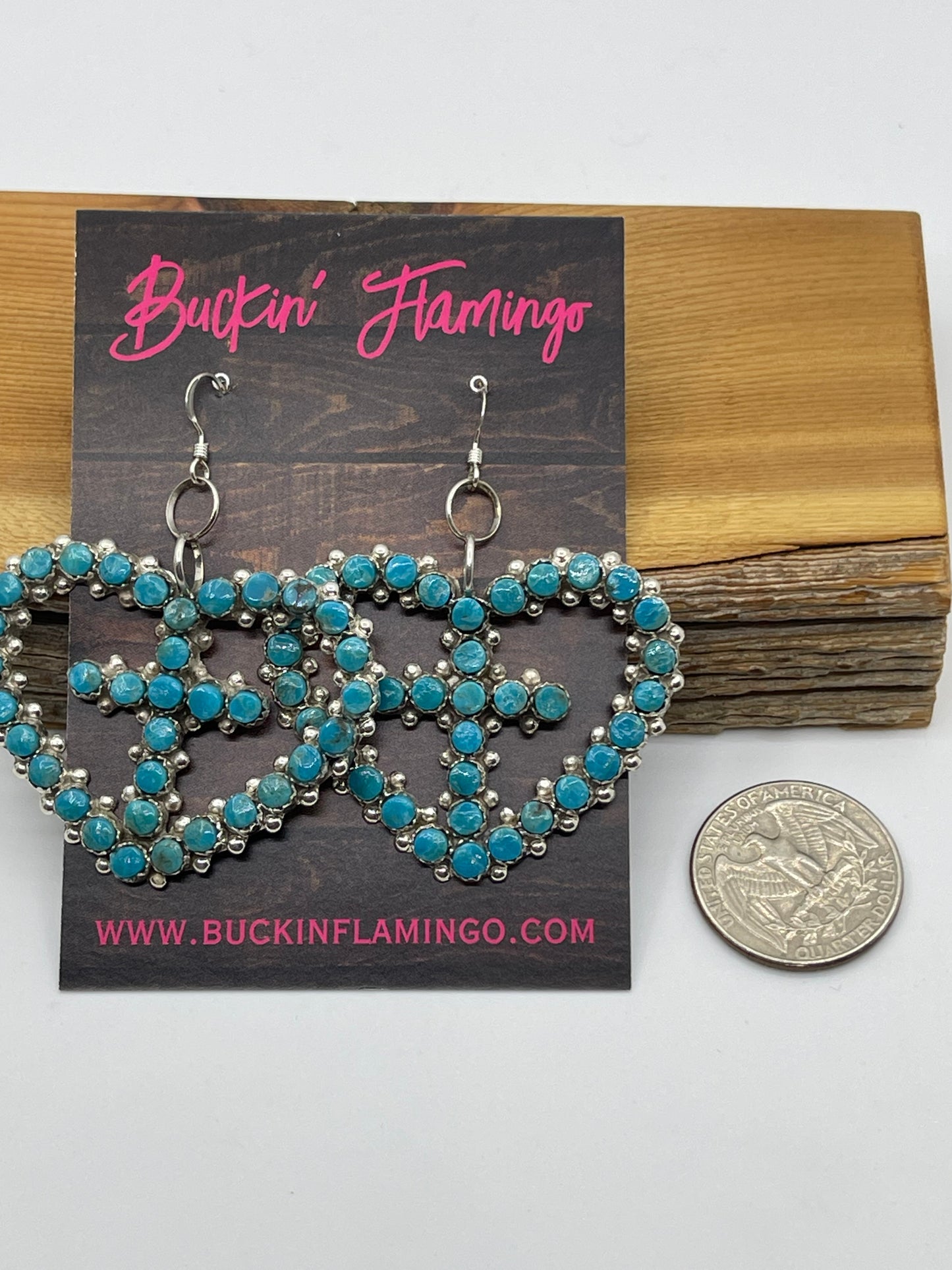 Turquoise Heart With Cross Dangle Earrings by Marlon Quam, Zuni