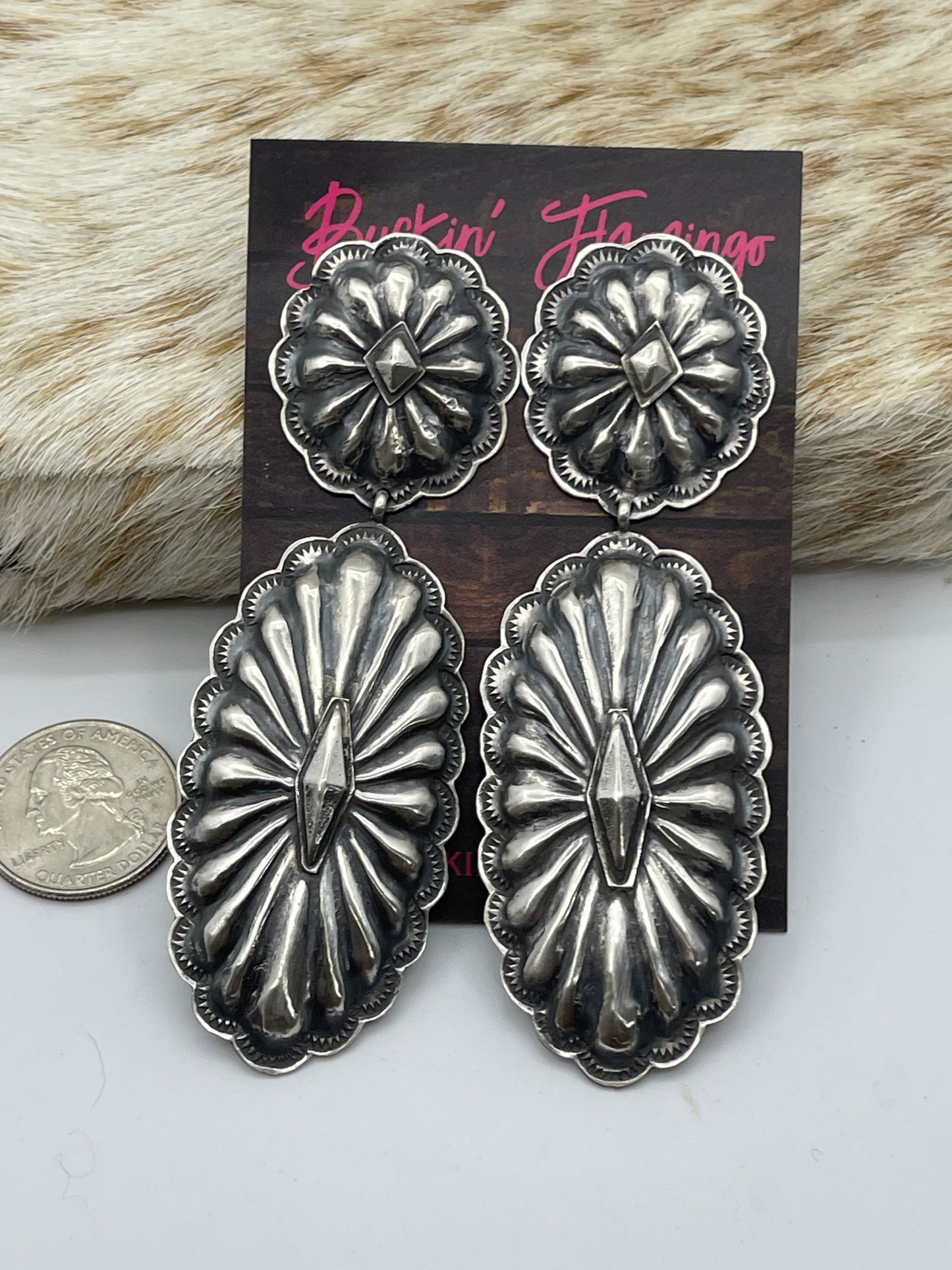 Double Concho Post Dangle Earrings by Rita Lee, Navajo