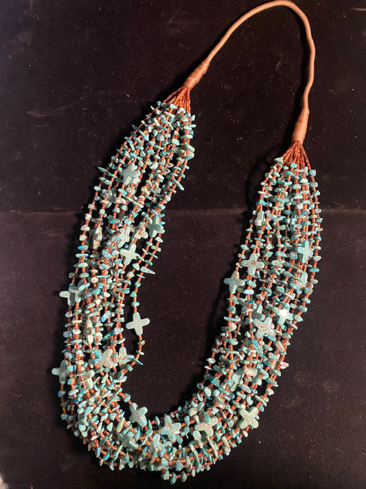 14 Strand Cerrillos Turquoise and Pinshell Necklace by Jolene Bird