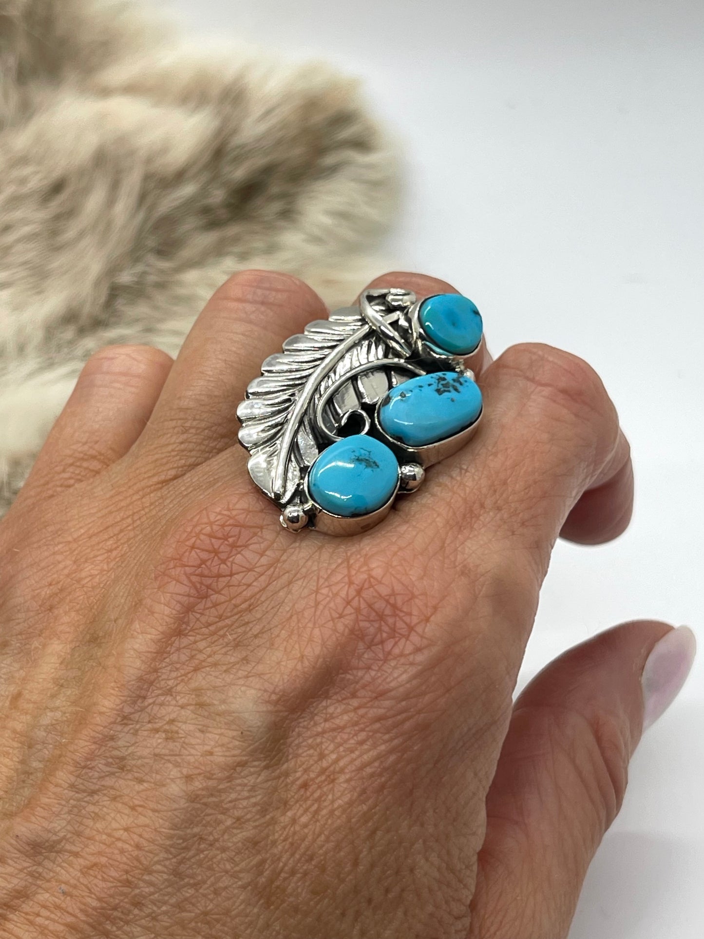 6.0 3 Stone Turquoise Feather Ring by Bernita Begay, Navajo