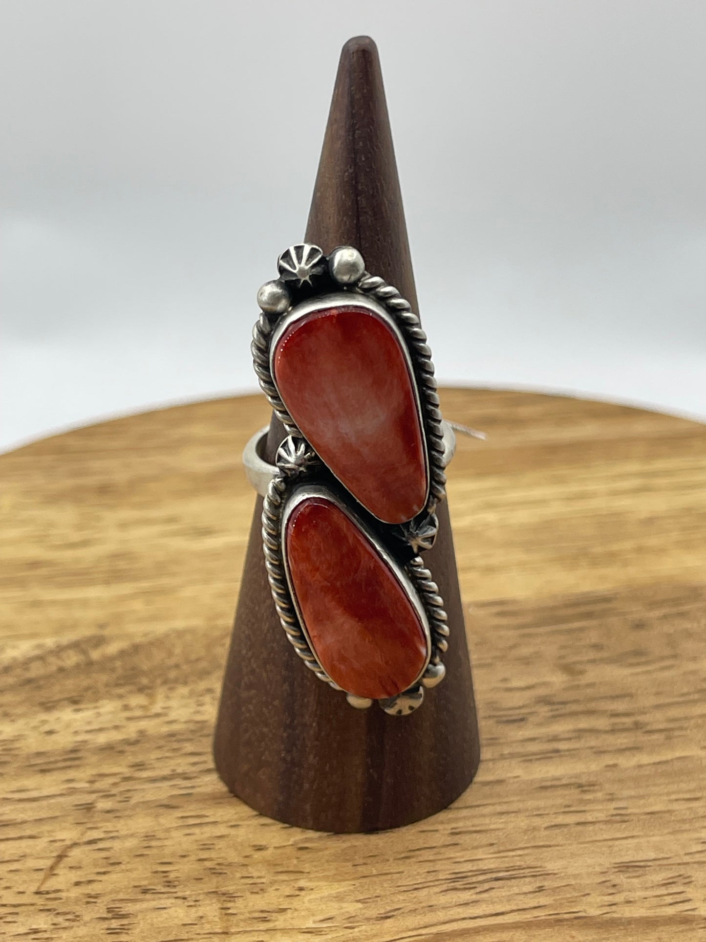 Adjustable 2 Stone Red Spiny Oyster Shell ring by Eugene Belone, Navajo