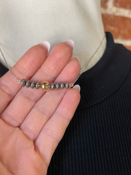 16" 7mm 14k Gold Filled Bead and 6mm Silver Disc Beaded Necklace