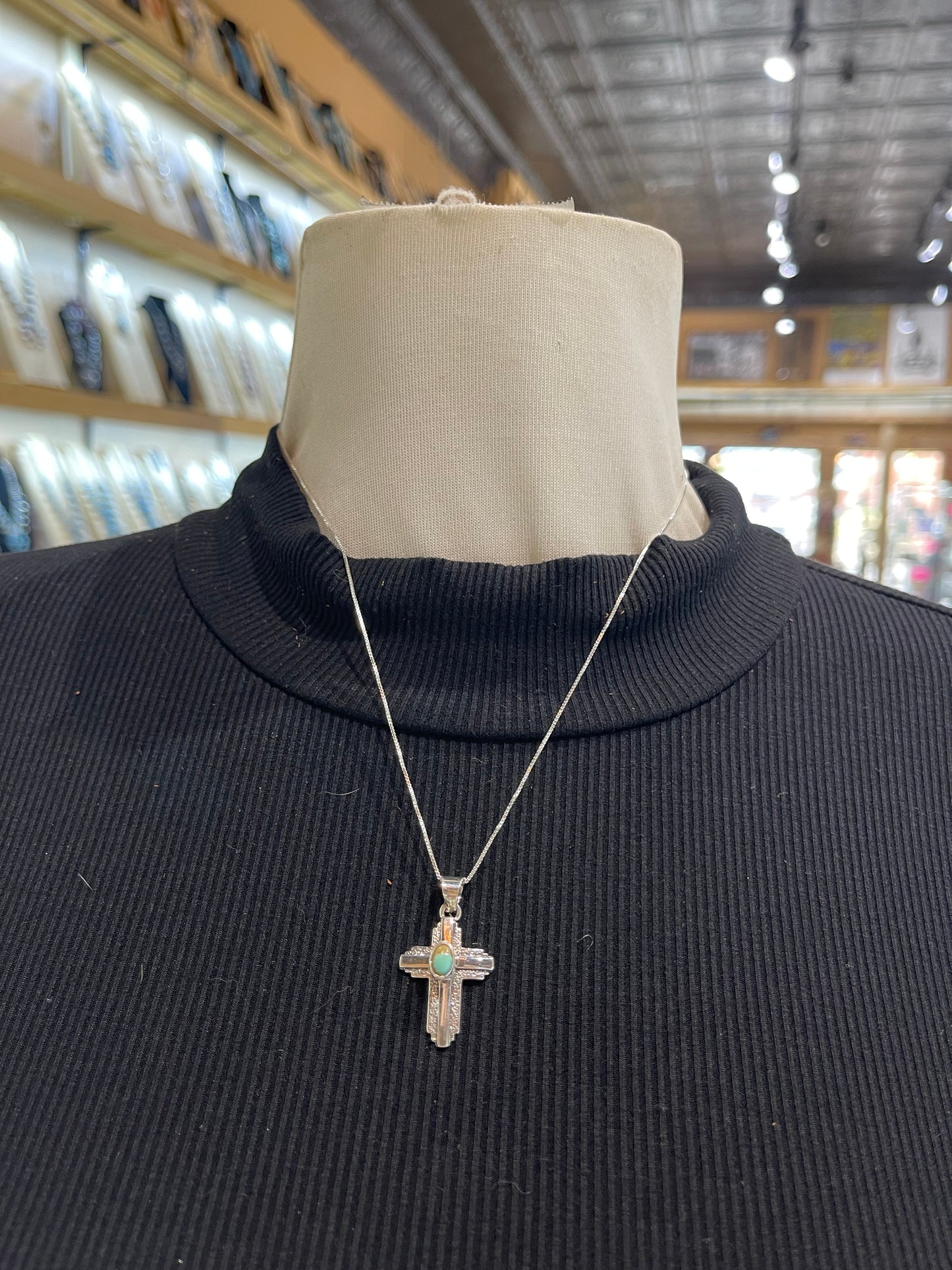 18" Silver Overlay Cross Necklace, Navajo Made