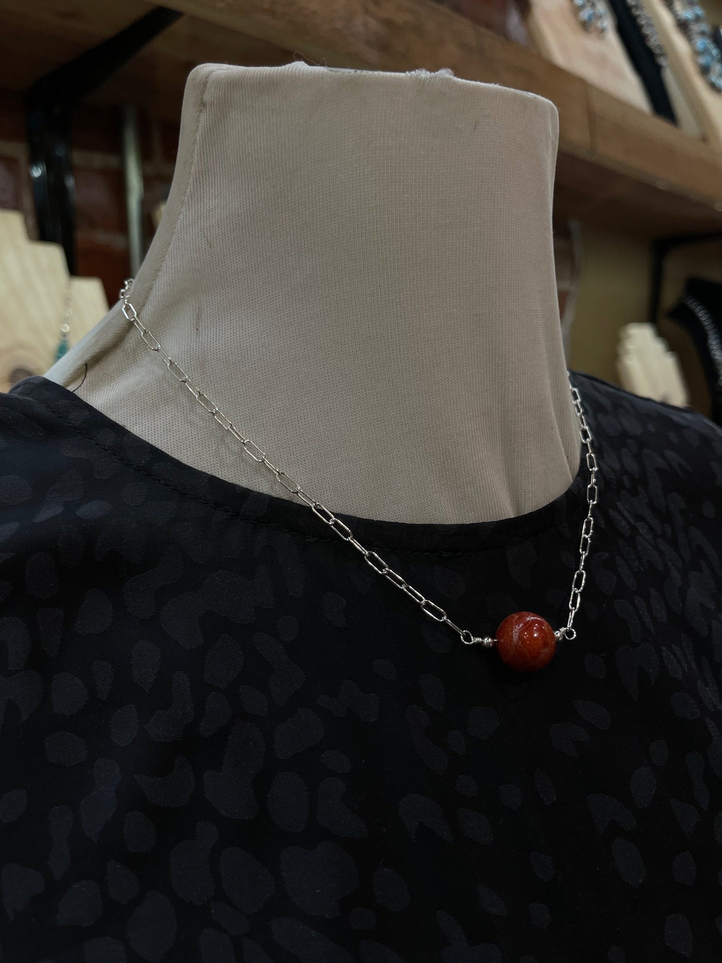 16" Red Coral Sphere Necklace